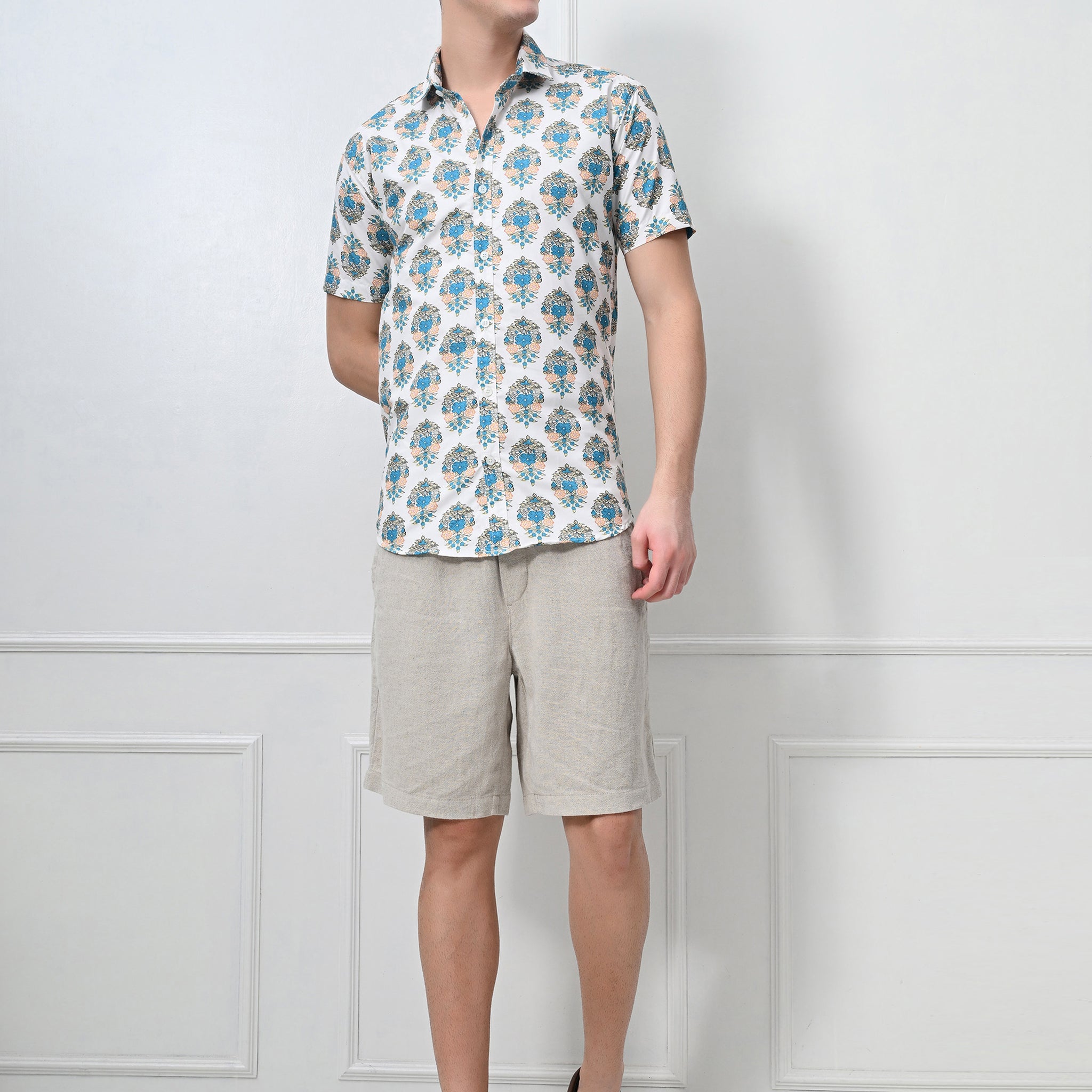 White & Teal Printed Cotton Casual Shirt