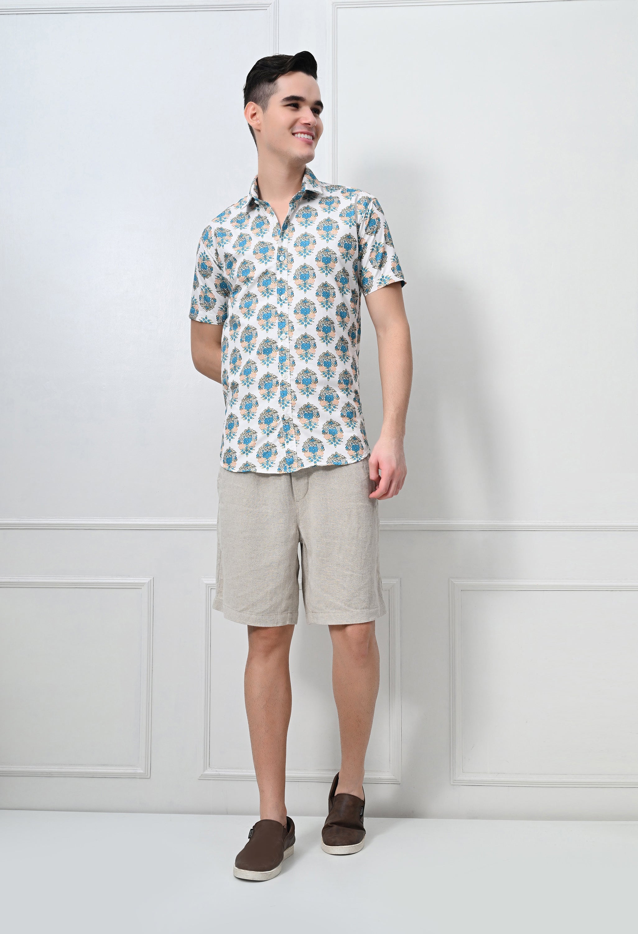 White & Teal Printed Cotton Casual Shirt