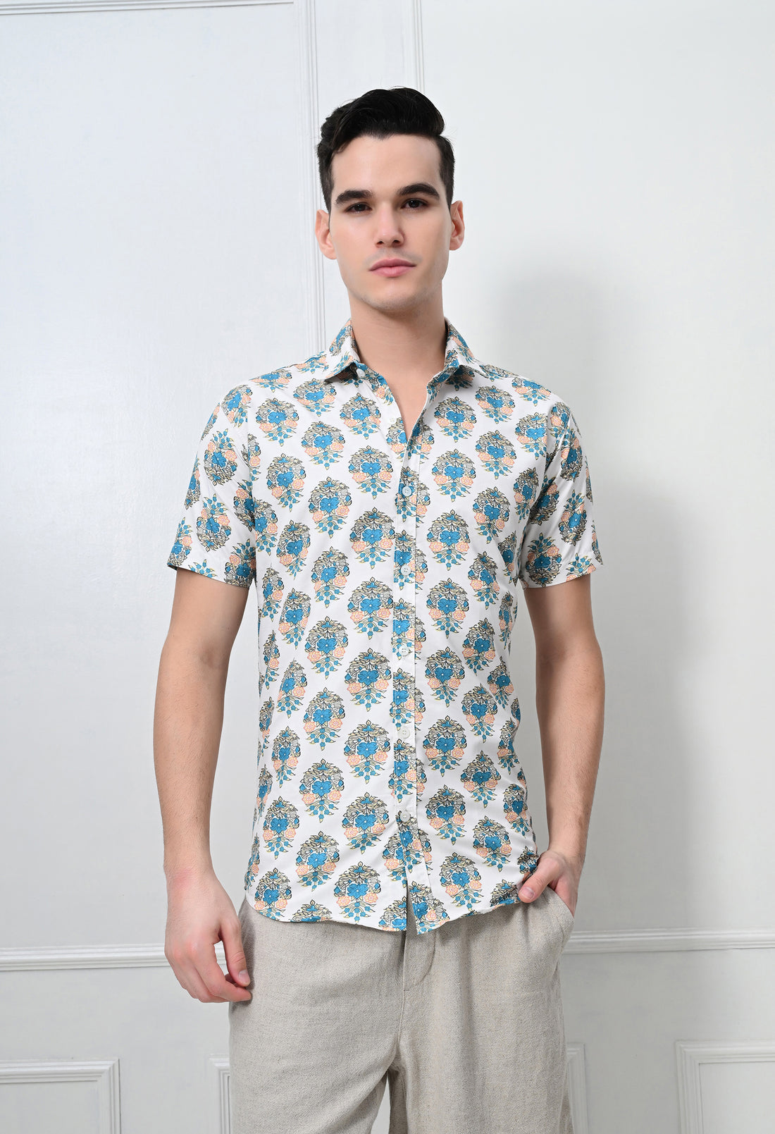 White & Teal Printed Cotton Casual Shirt