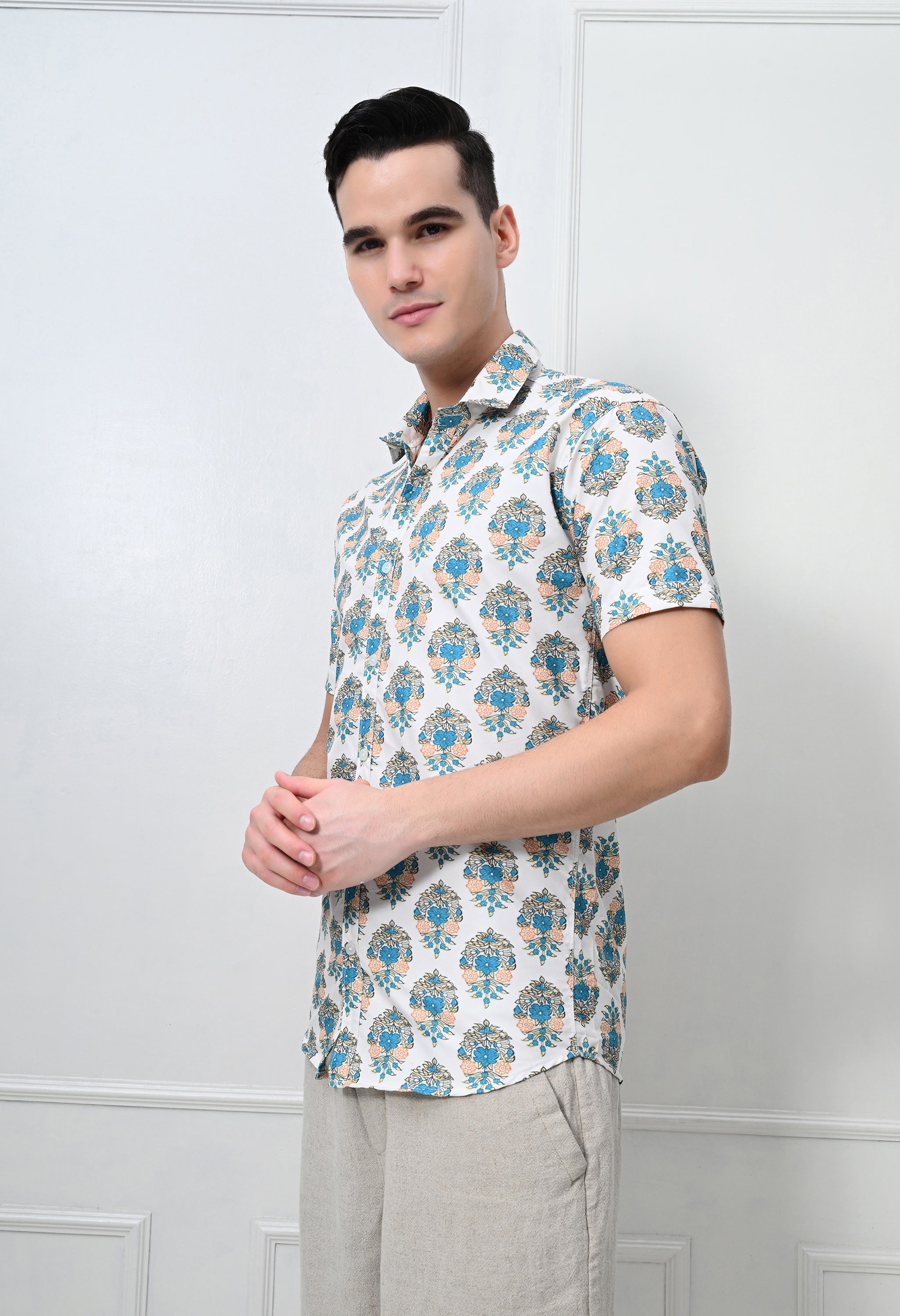 White & Teal Printed Cotton Casual Shirt