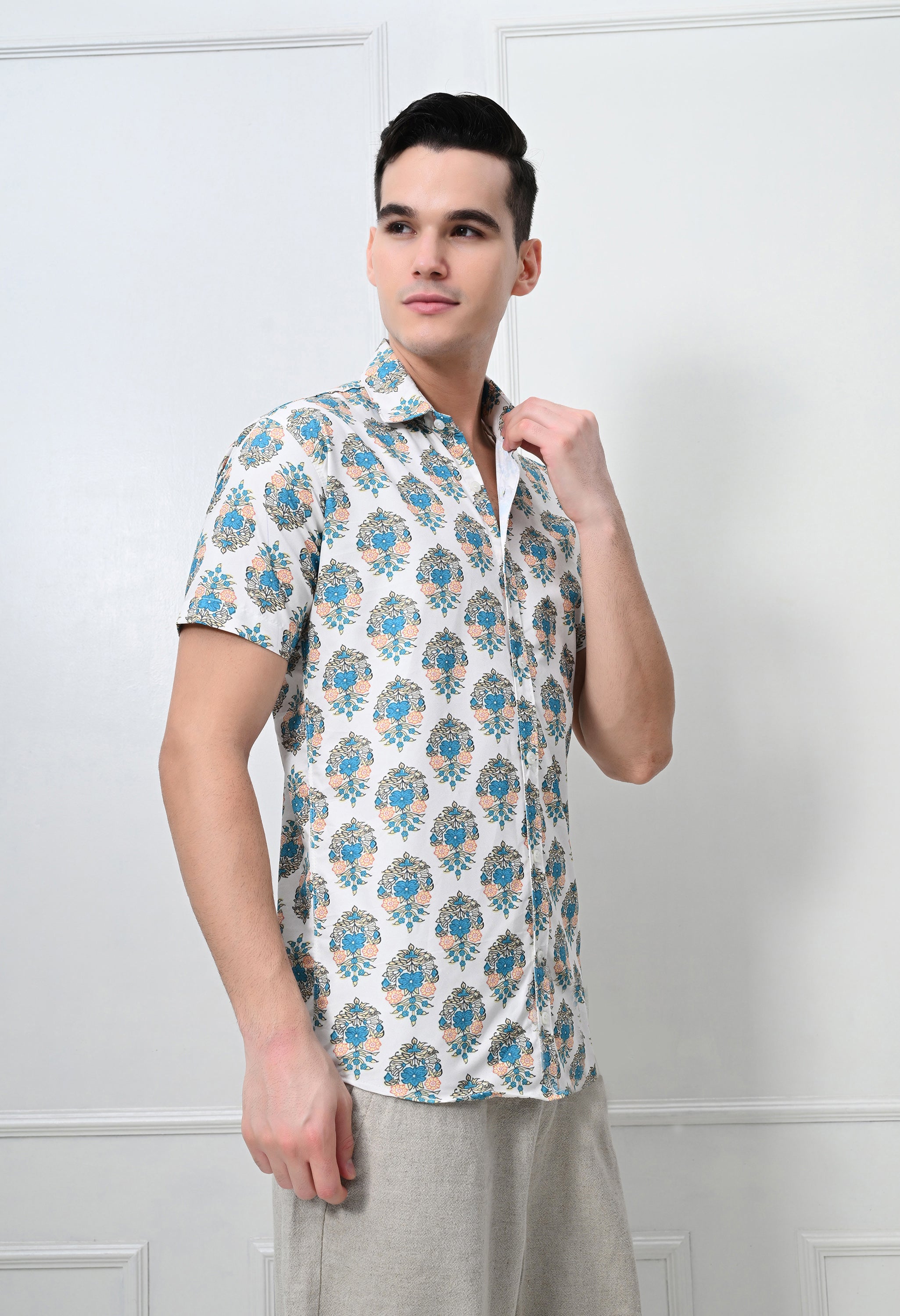 White & Teal Printed Cotton Casual Shirt