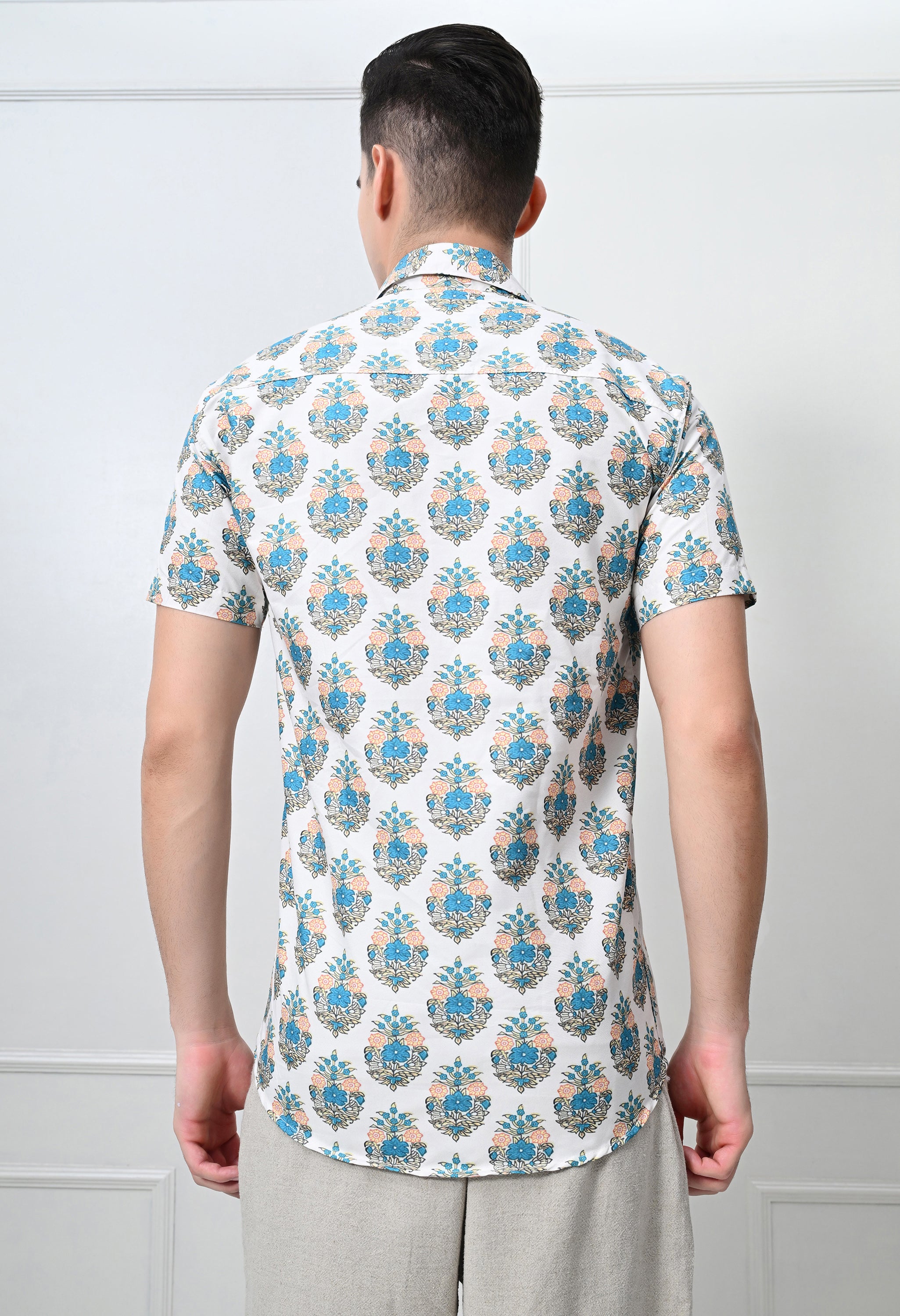 White & Teal Printed Cotton Casual Shirt