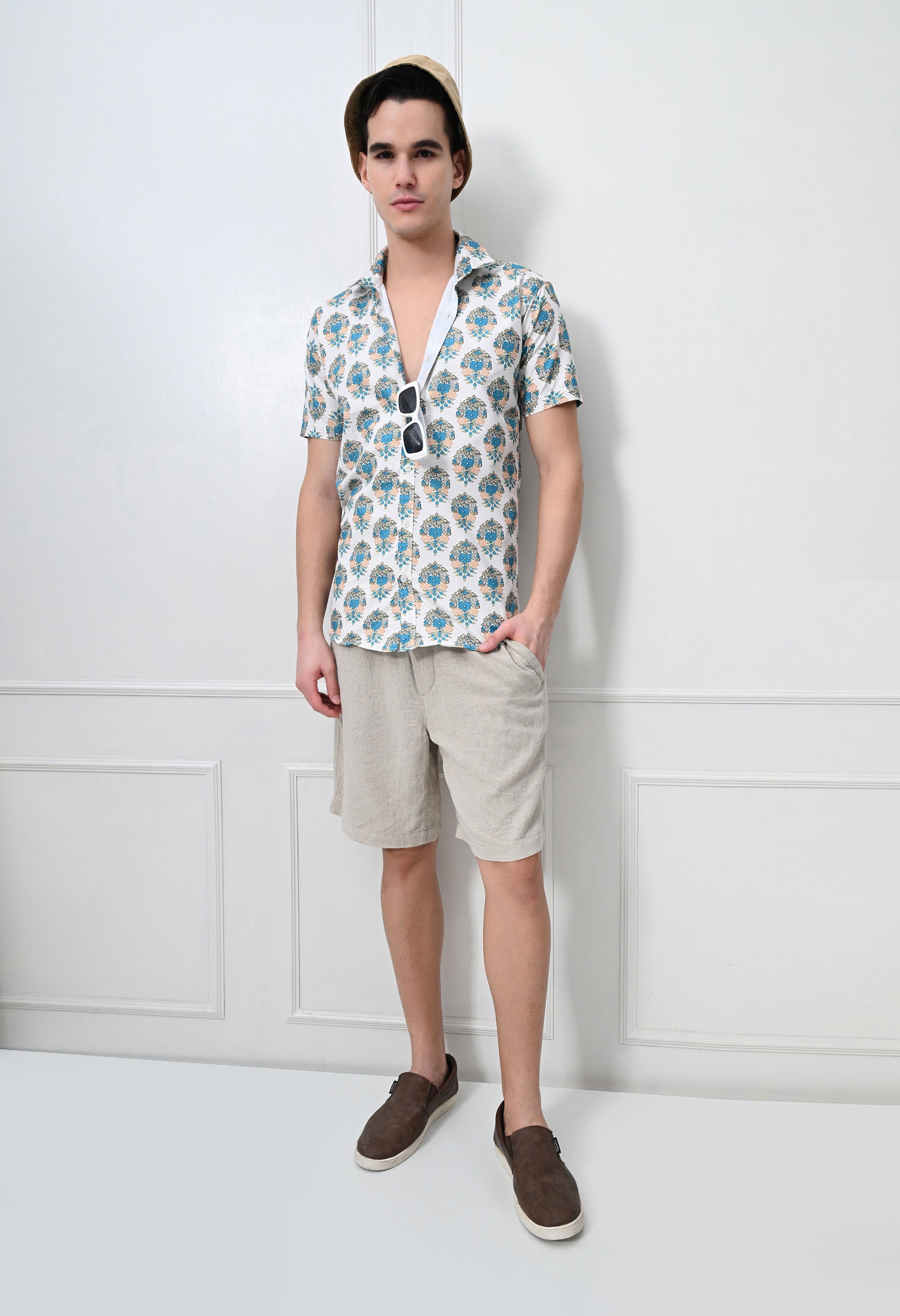 White & Teal Printed Cotton Casual Shirt