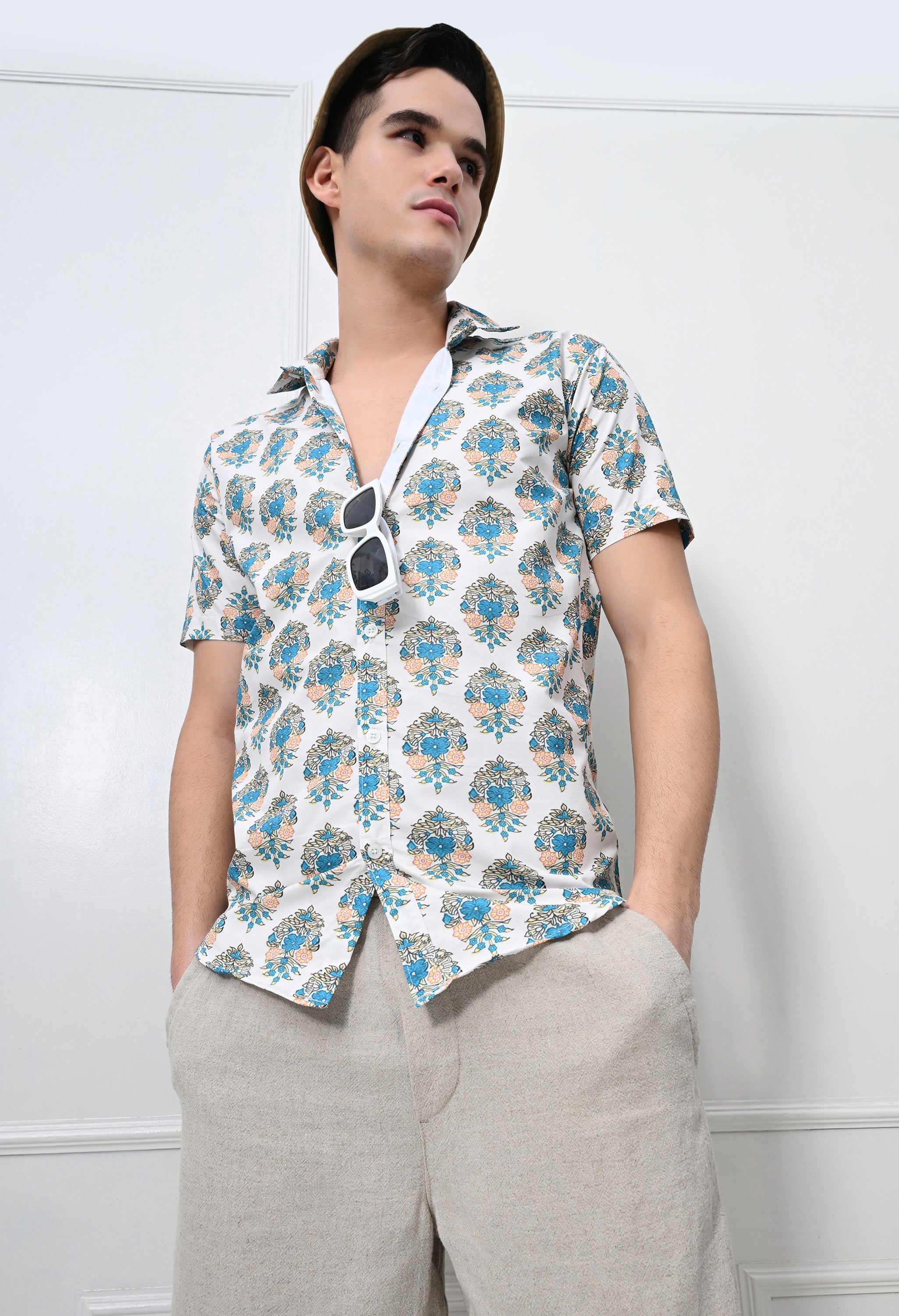 White & Teal Printed Cotton Casual Shirt
