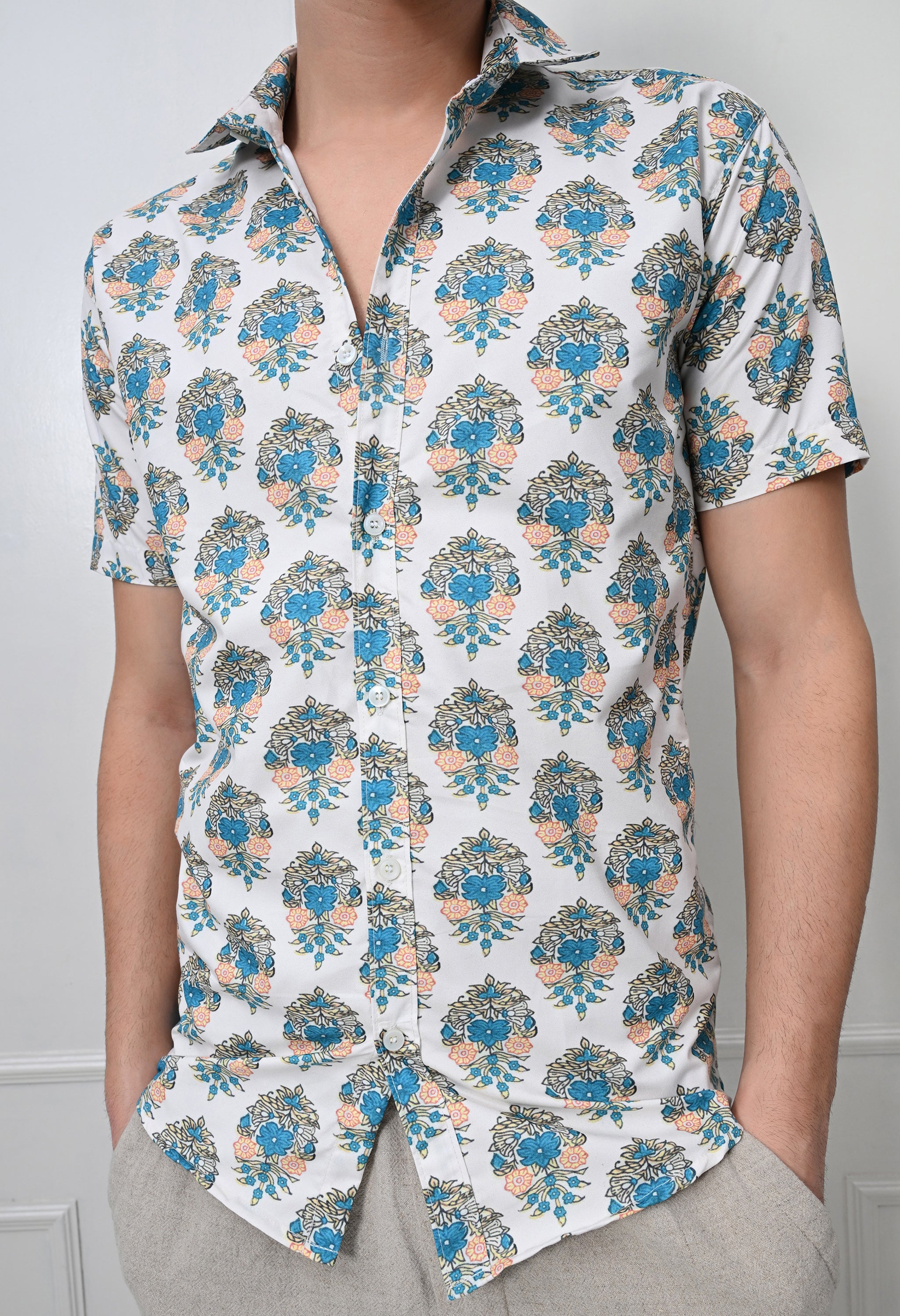 White & Teal Printed Cotton Casual Shirt