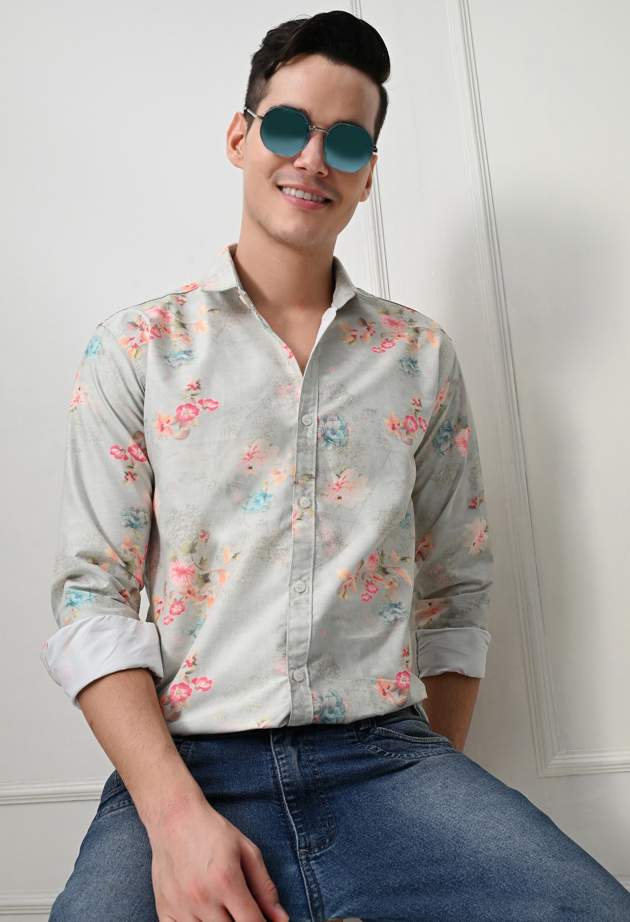 Light Grey Floral Printed Shirt