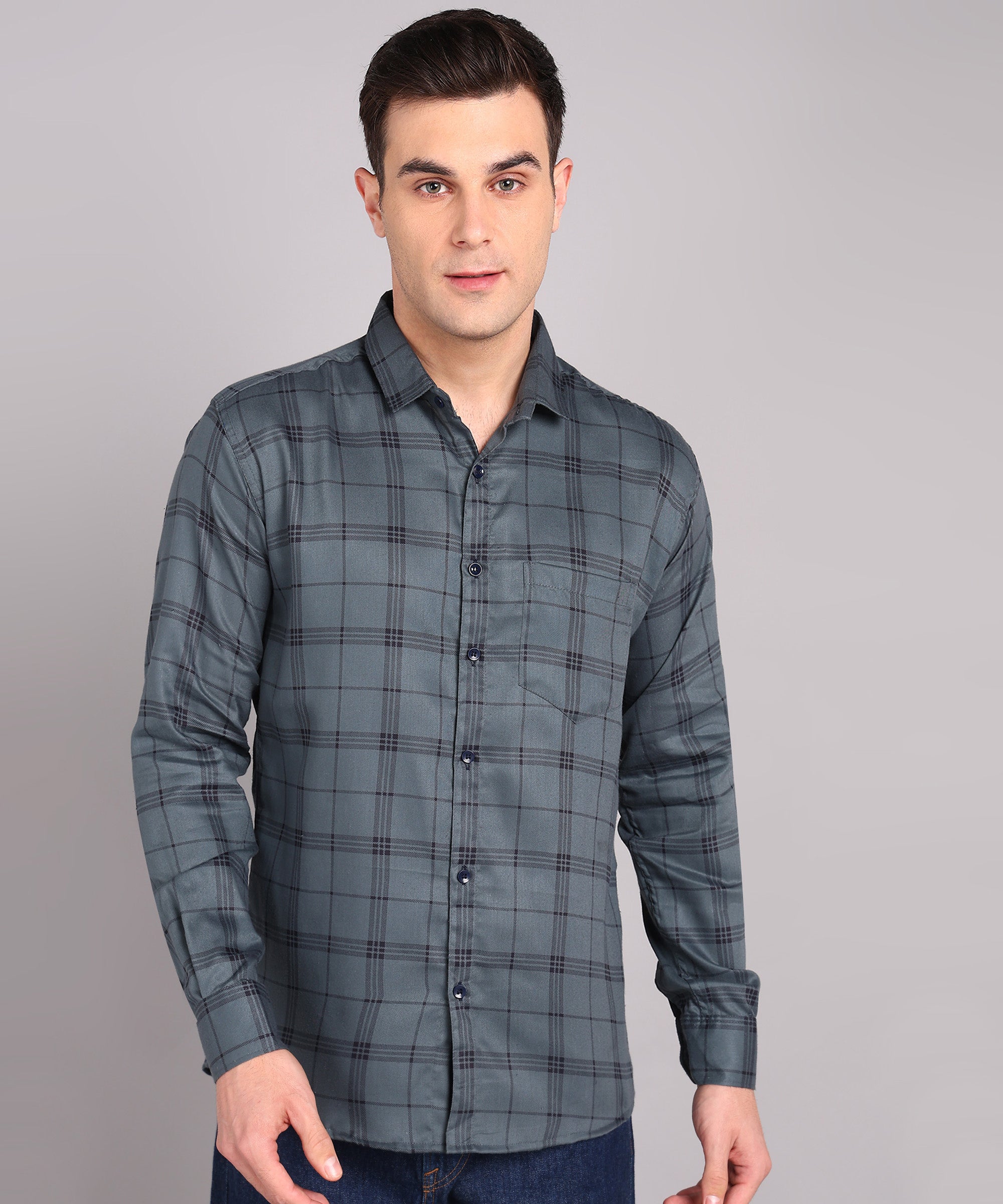 Sanganeri Grey & Navy Checked Cotton Shirt