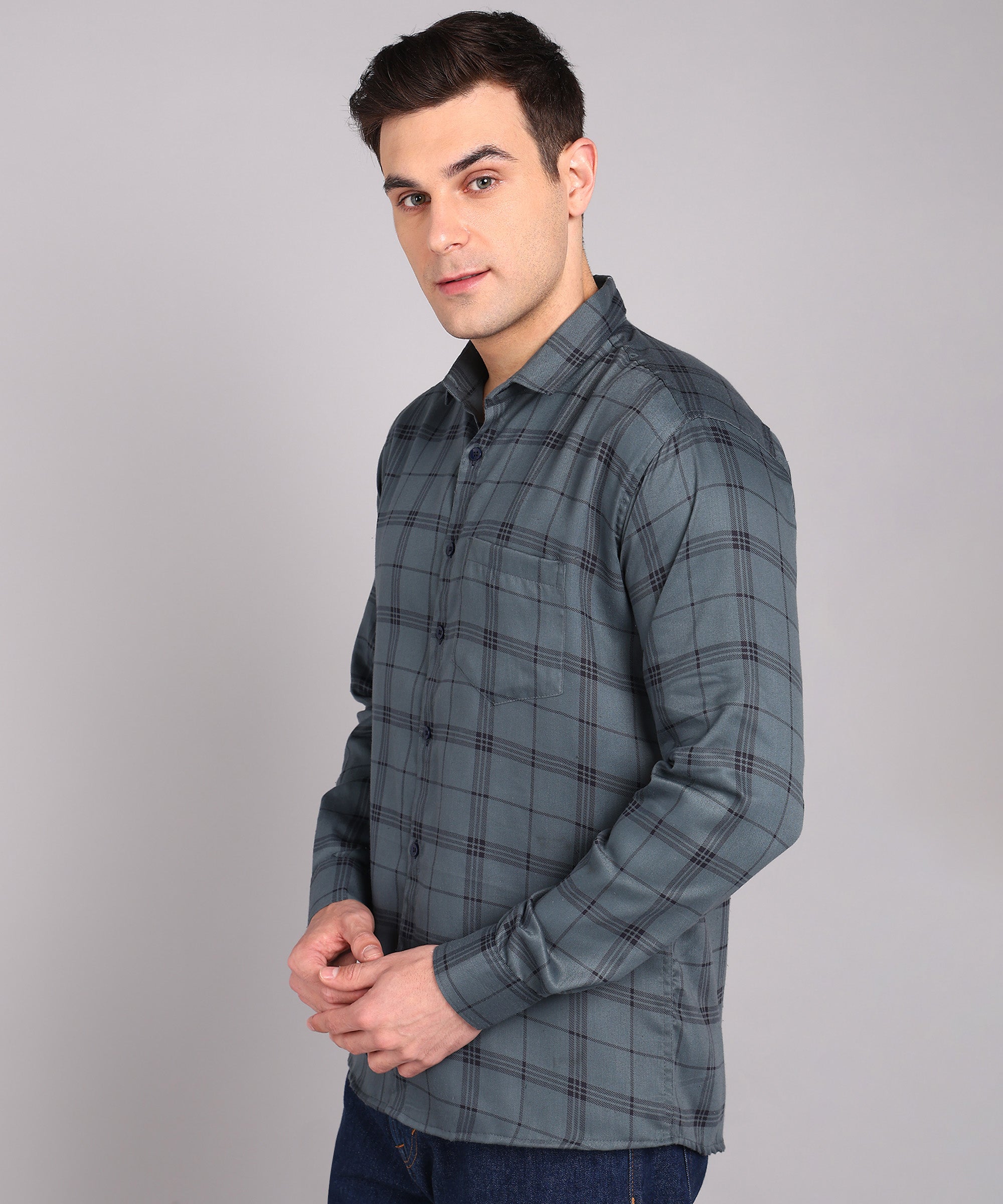 Sanganeri Grey & Navy Checked Cotton Shirt