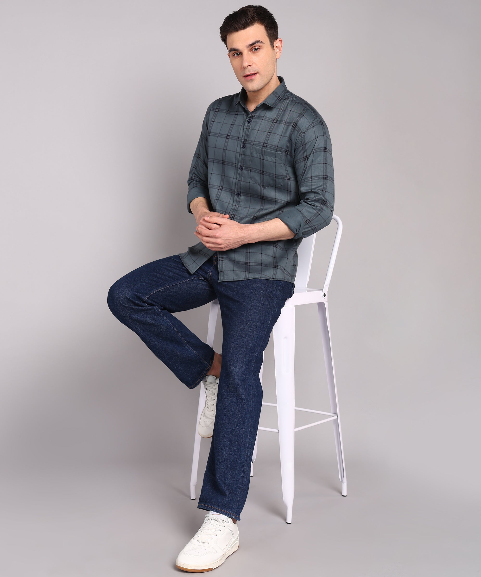 Sanganeri Grey & Navy Checked Cotton Shirt