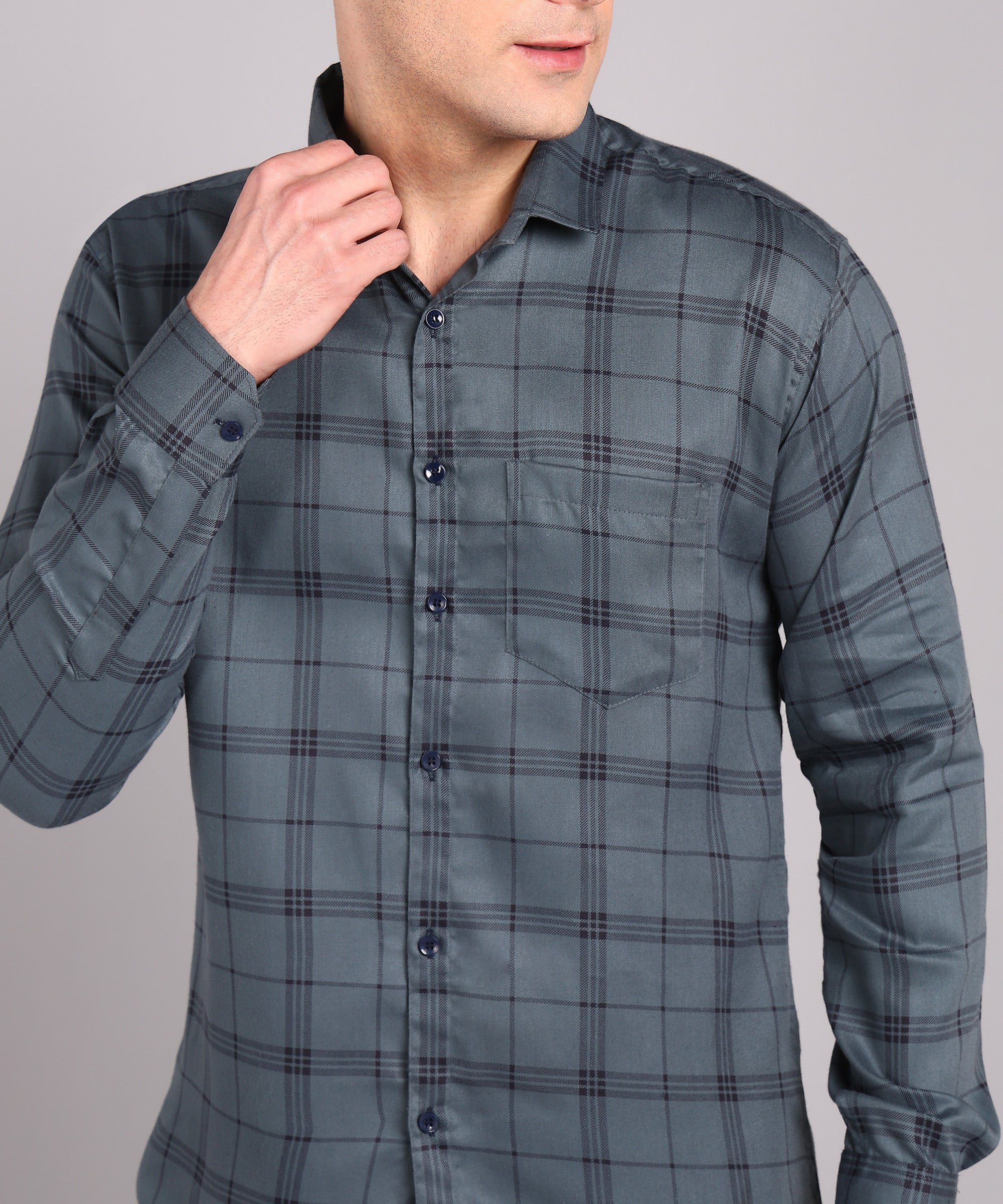 Sanganeri Grey & Navy Checked Cotton Shirt