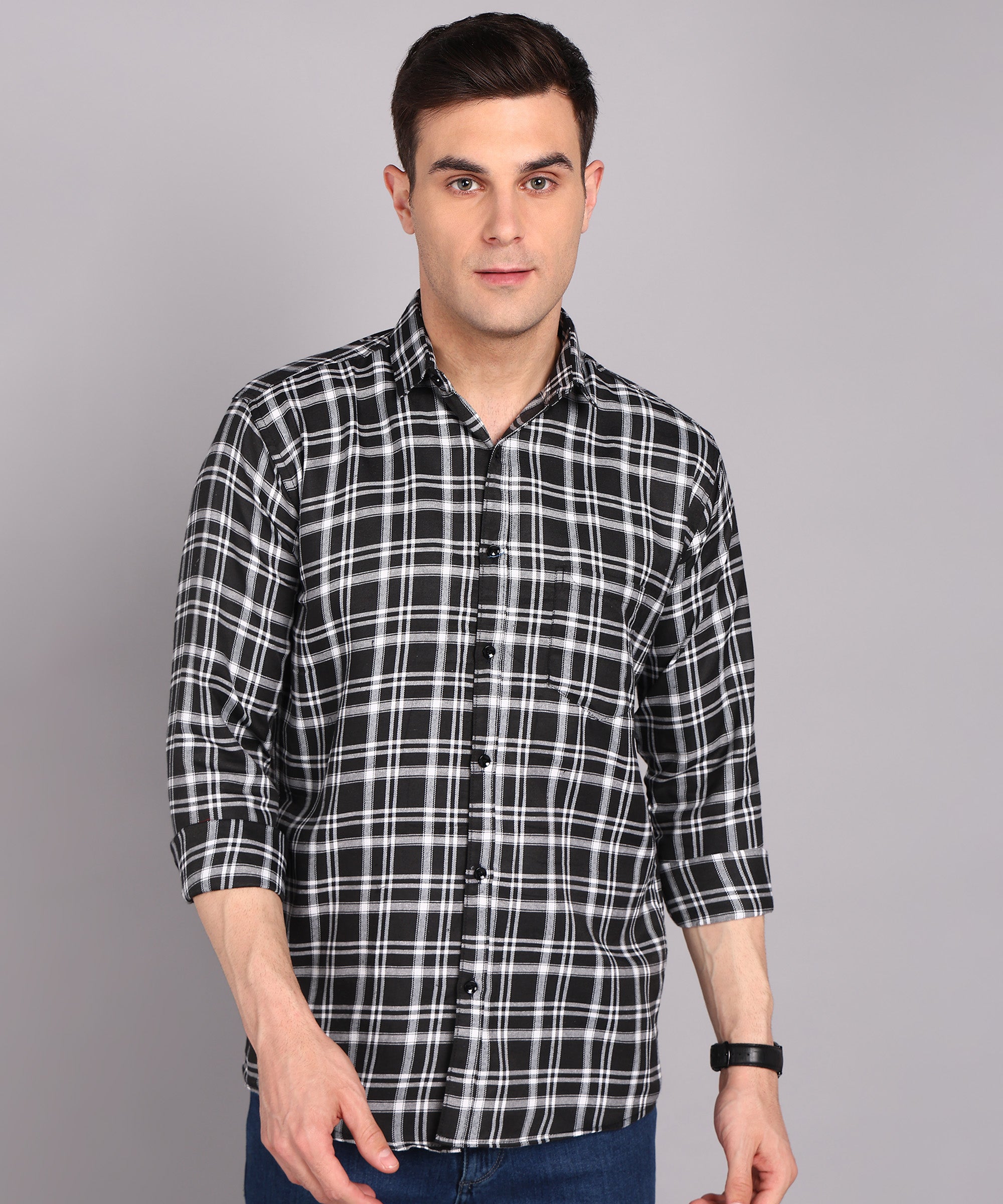 Sanganeri Black & White Checked Cotton Shirt