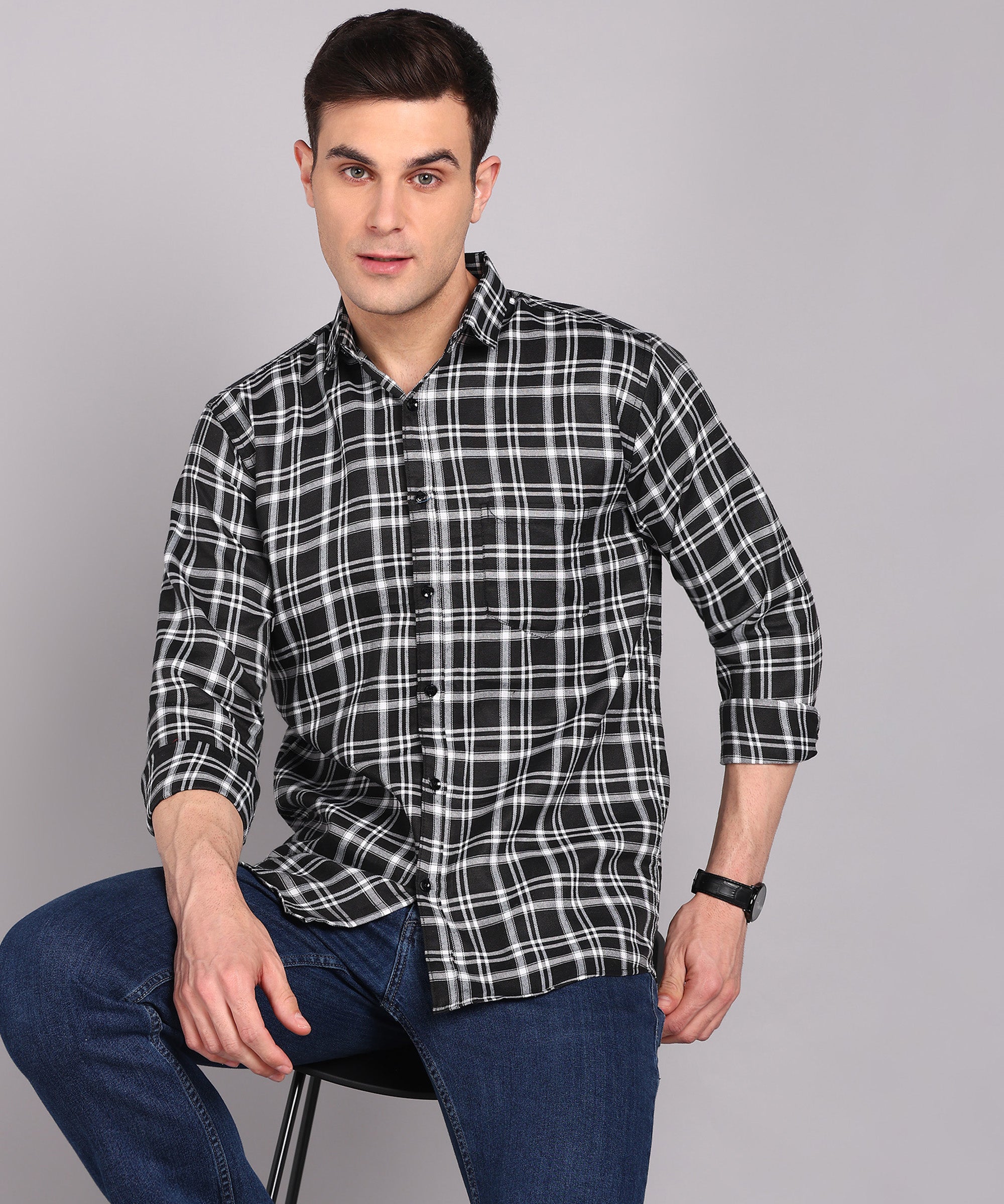 Sanganeri Black & White Checked Cotton Shirt