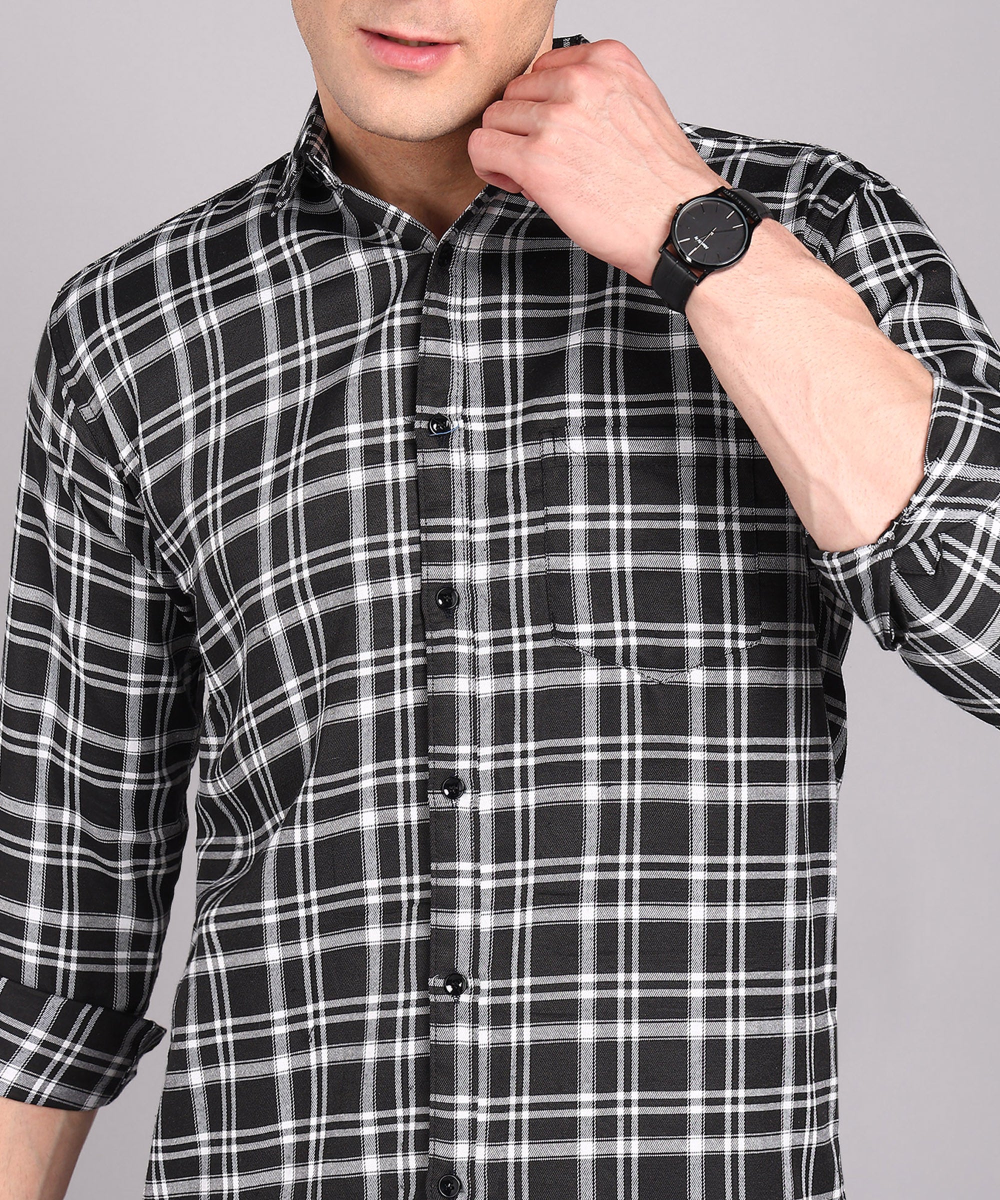 Sanganeri Black & White Checked Cotton Shirt