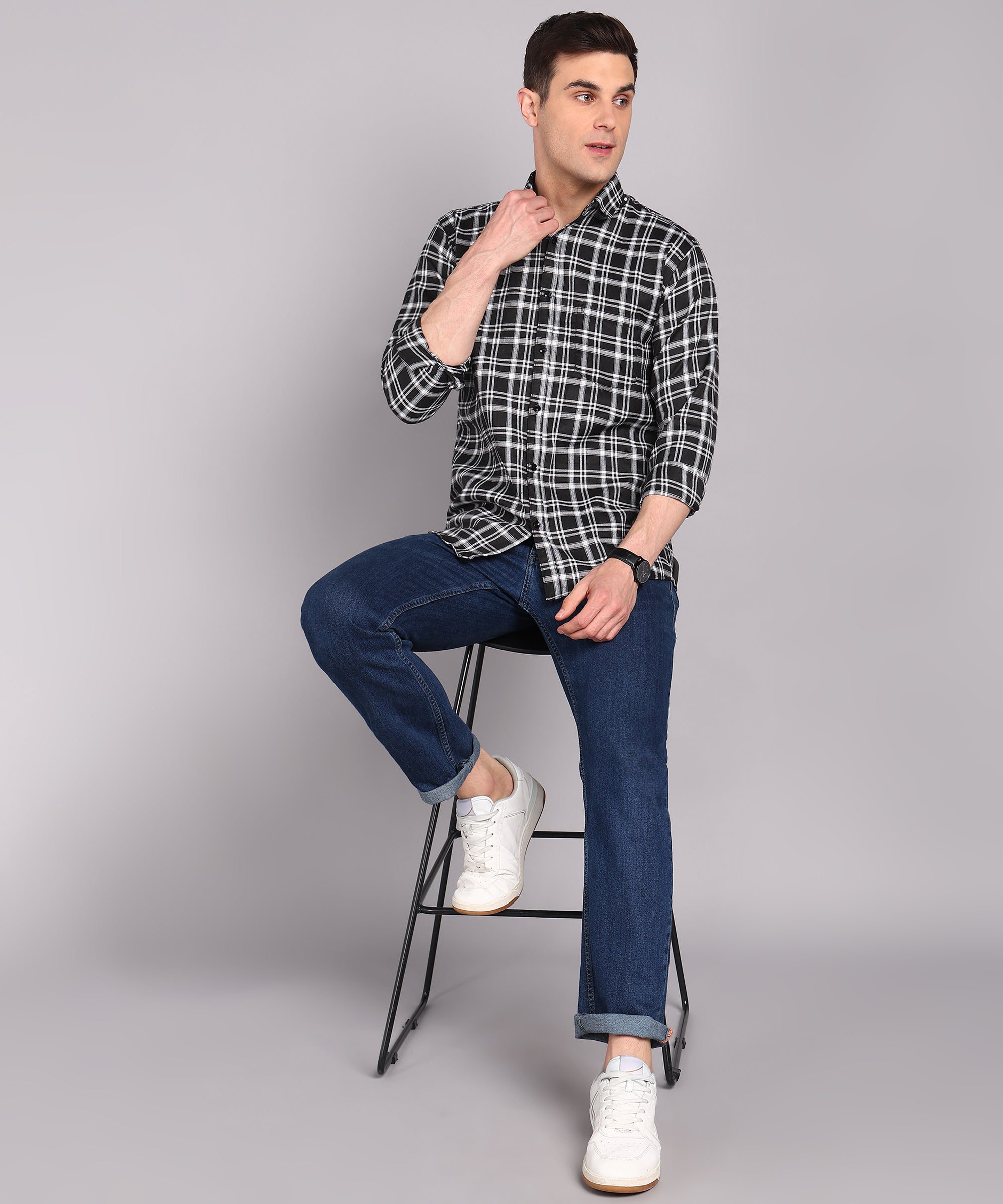 Sanganeri Black & White Checked Cotton Shirt