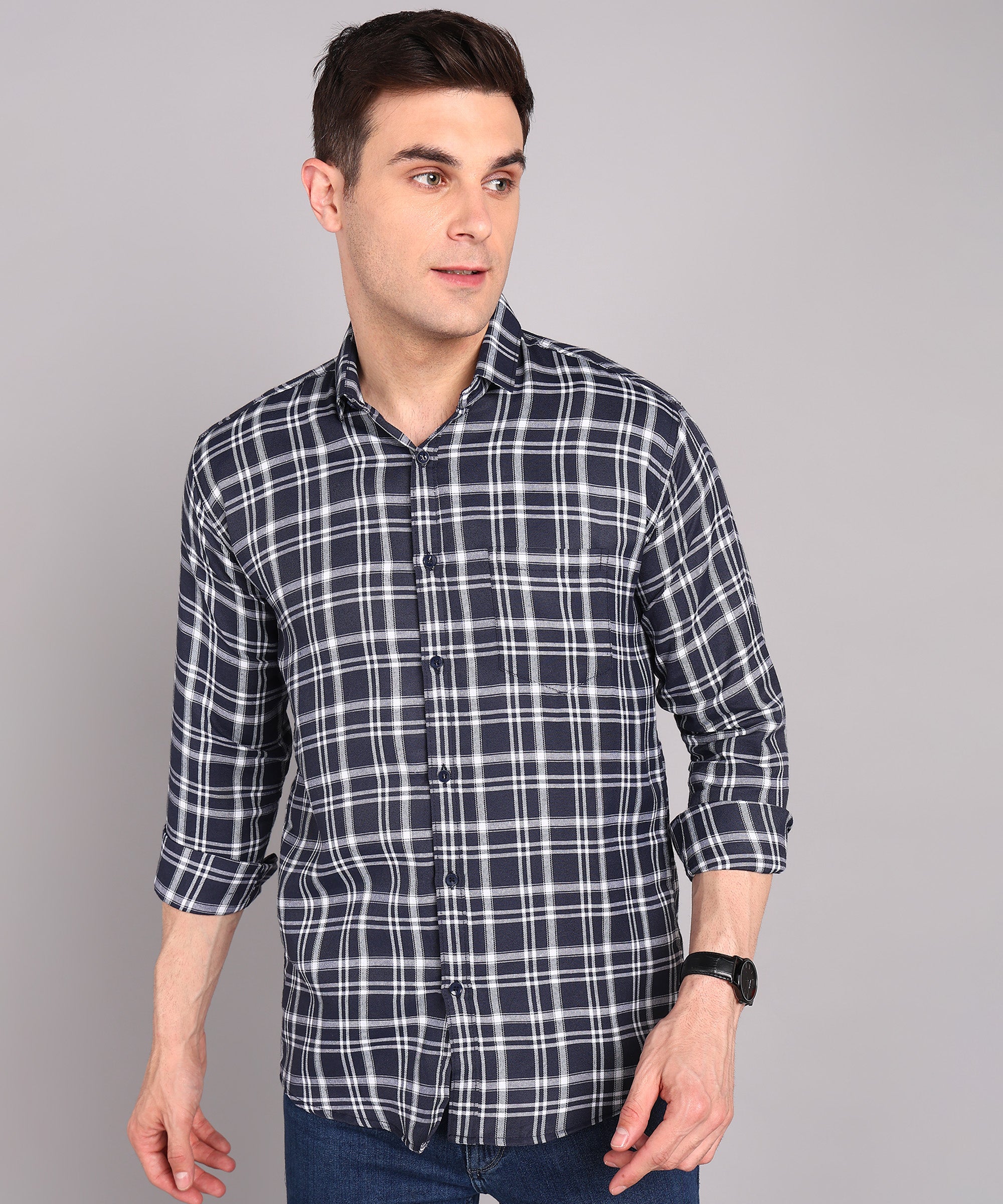 Sanganeri White & Navy Casual Checked Cotton Shirt