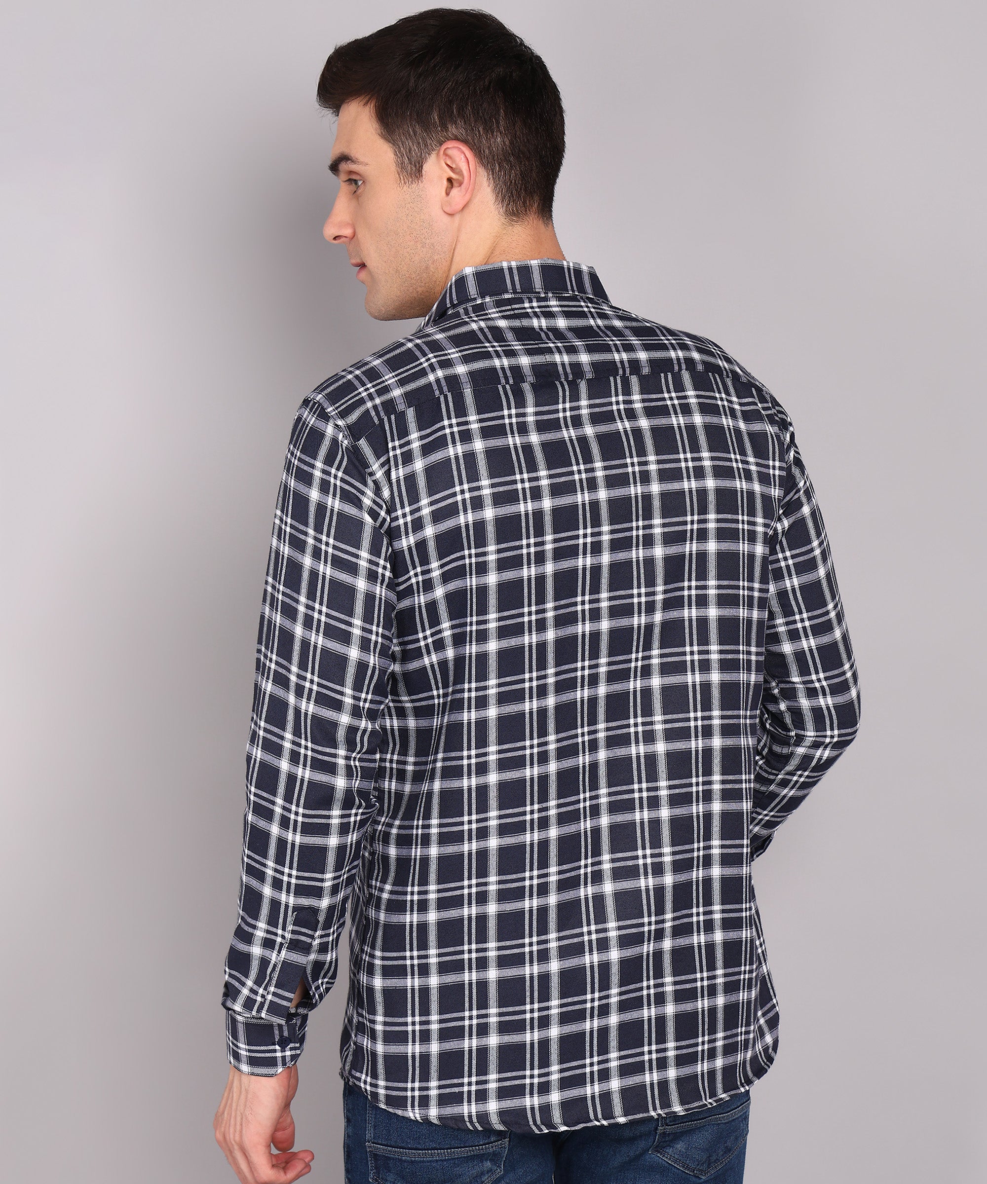 Sanganeri White & Navy Casual Checked Cotton Shirt