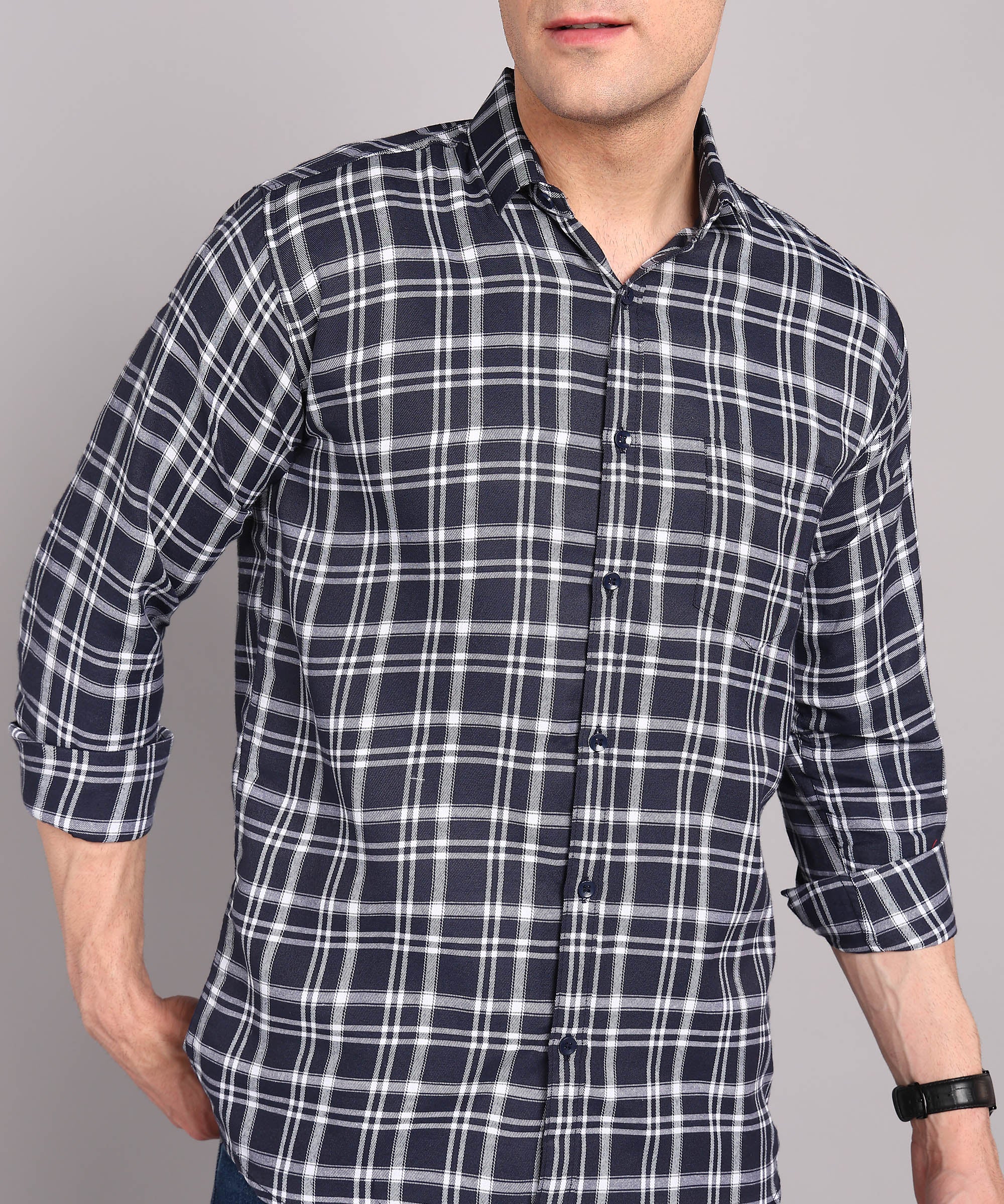 Sanganeri White & Navy Casual Checked Cotton Shirt