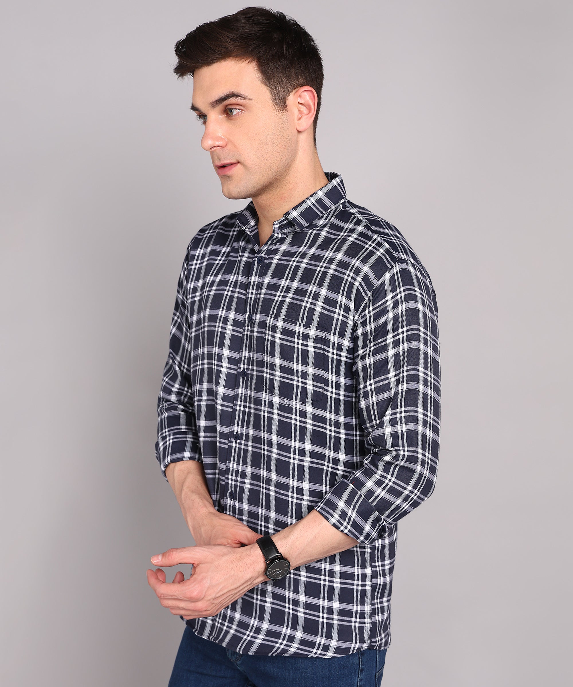 Sanganeri White & Navy Casual Checked Cotton Shirt