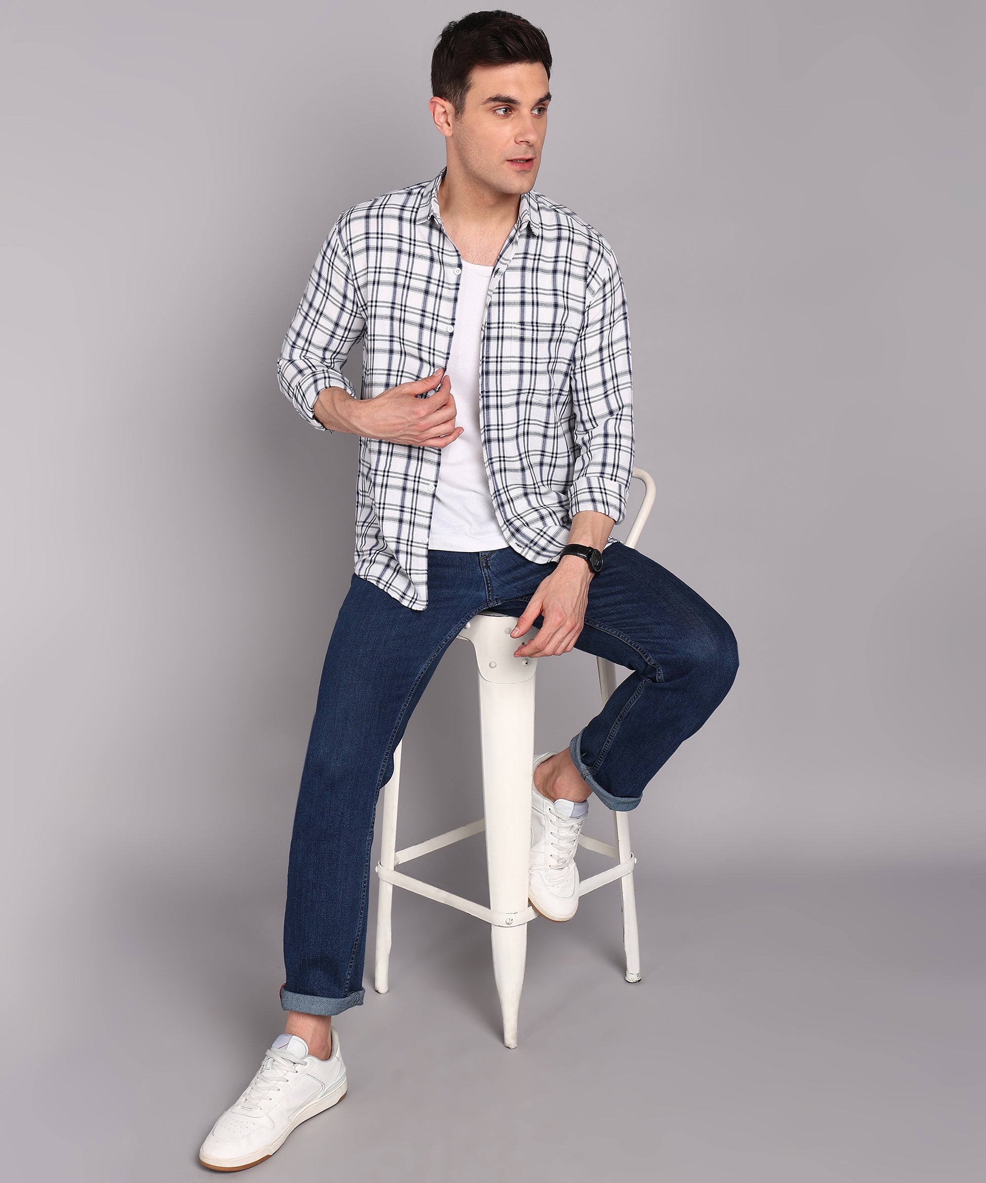 Sanganeri White & Black Checked Cotton Shirt