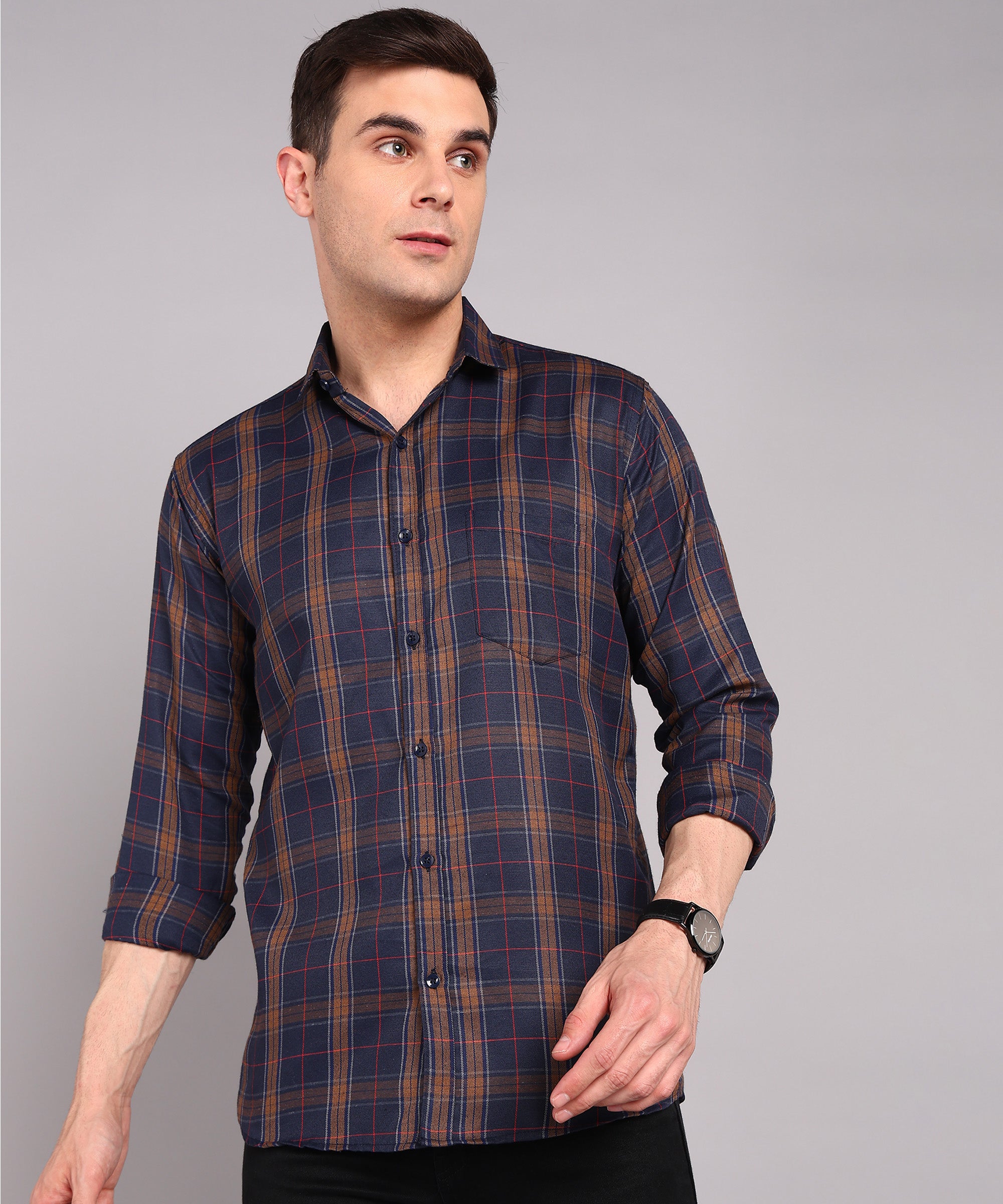 Sanganeri Navy & Brown Checked Cotton Shirt