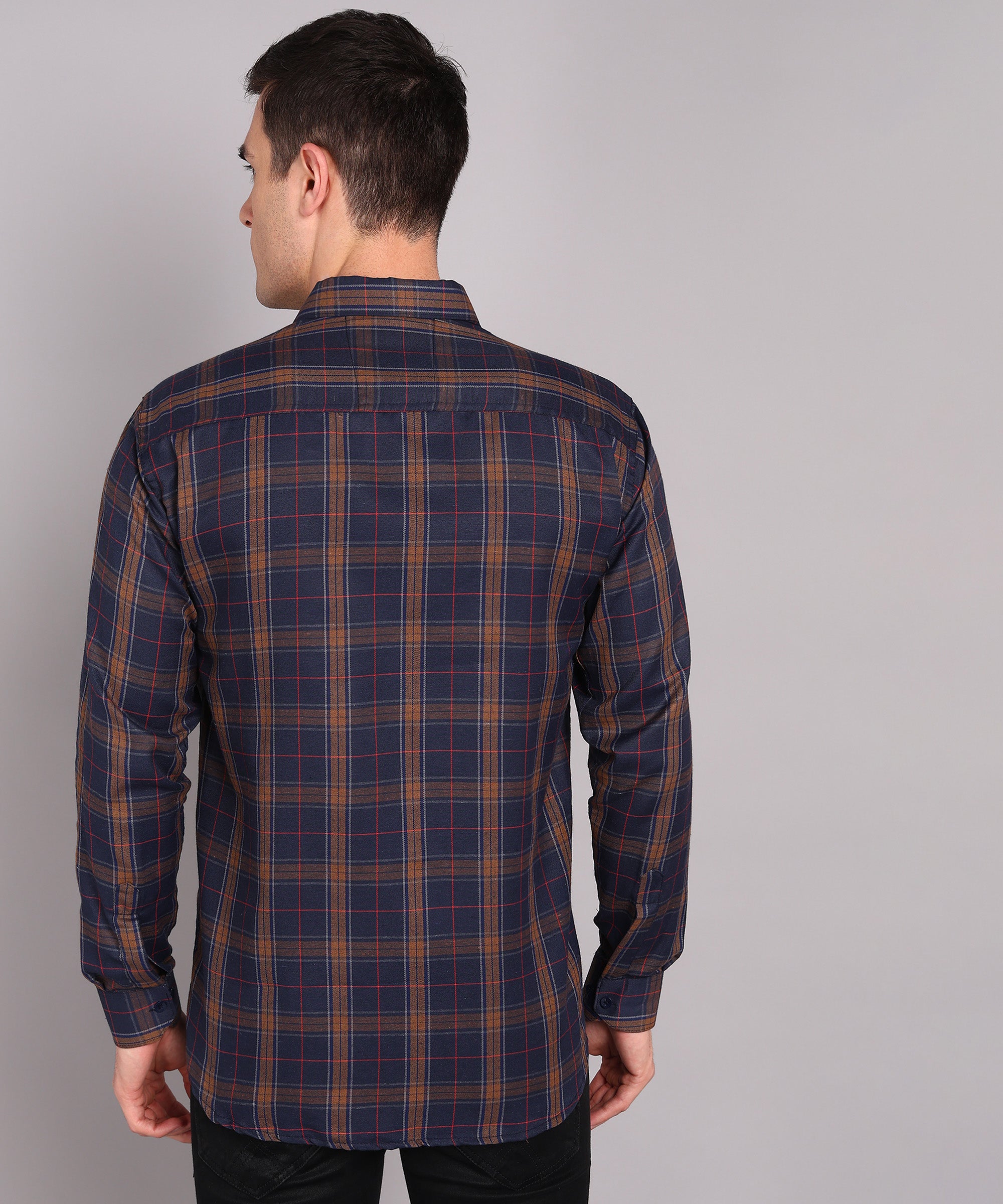 Sanganeri Navy & Brown Checked Cotton Shirt