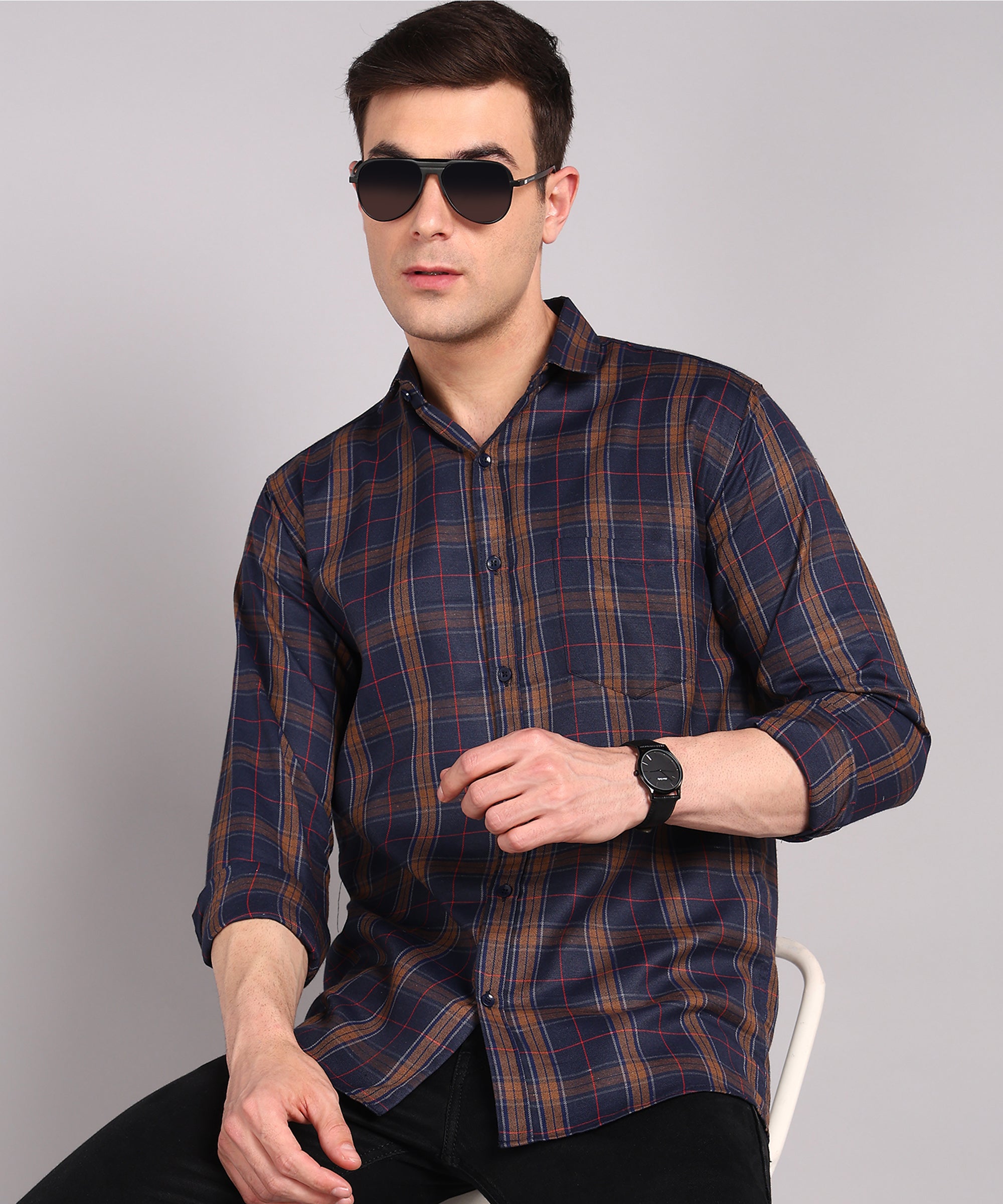 Sanganeri Navy & Brown Checked Cotton Shirt