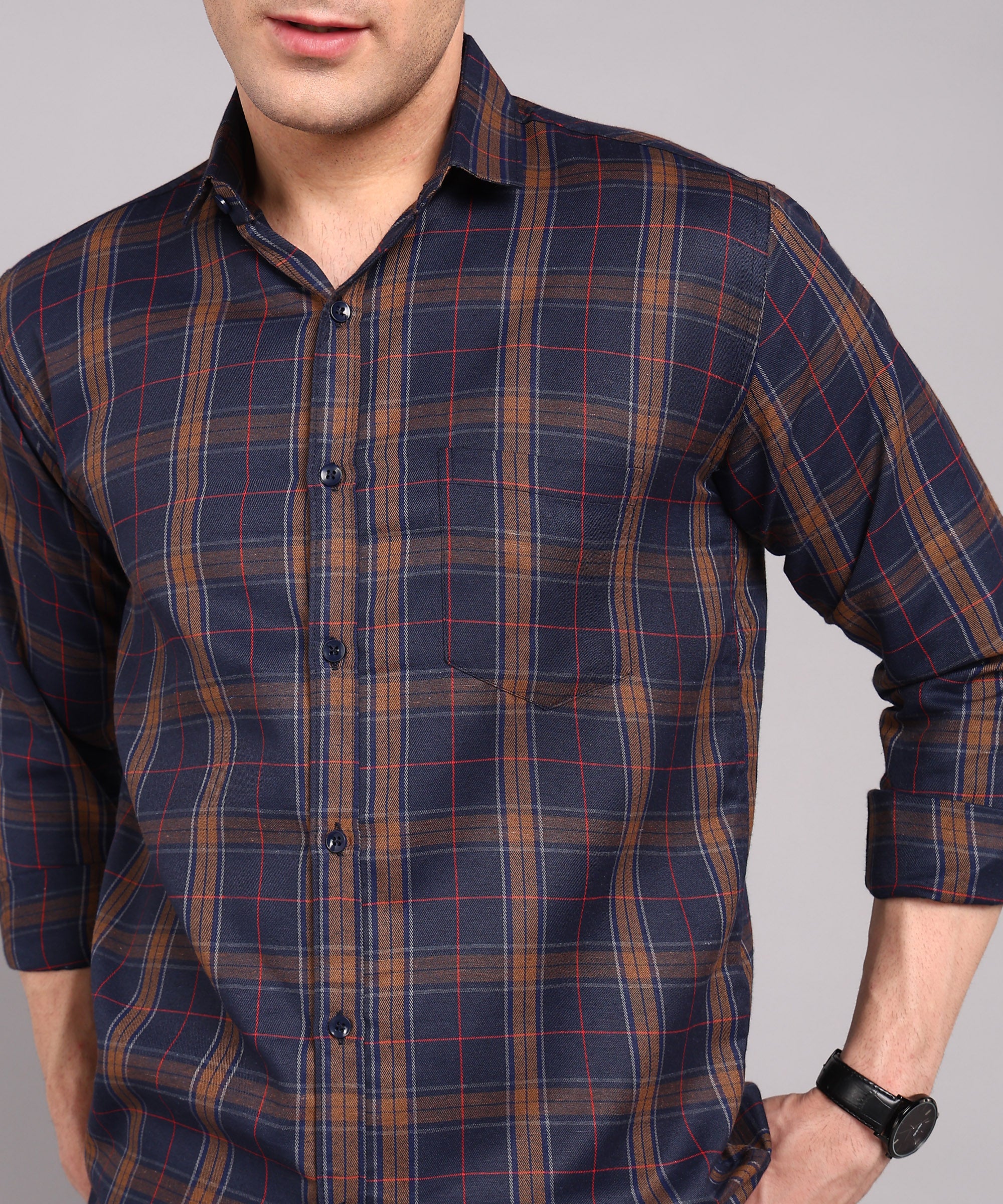 Sanganeri Navy & Brown Checked Cotton Shirt