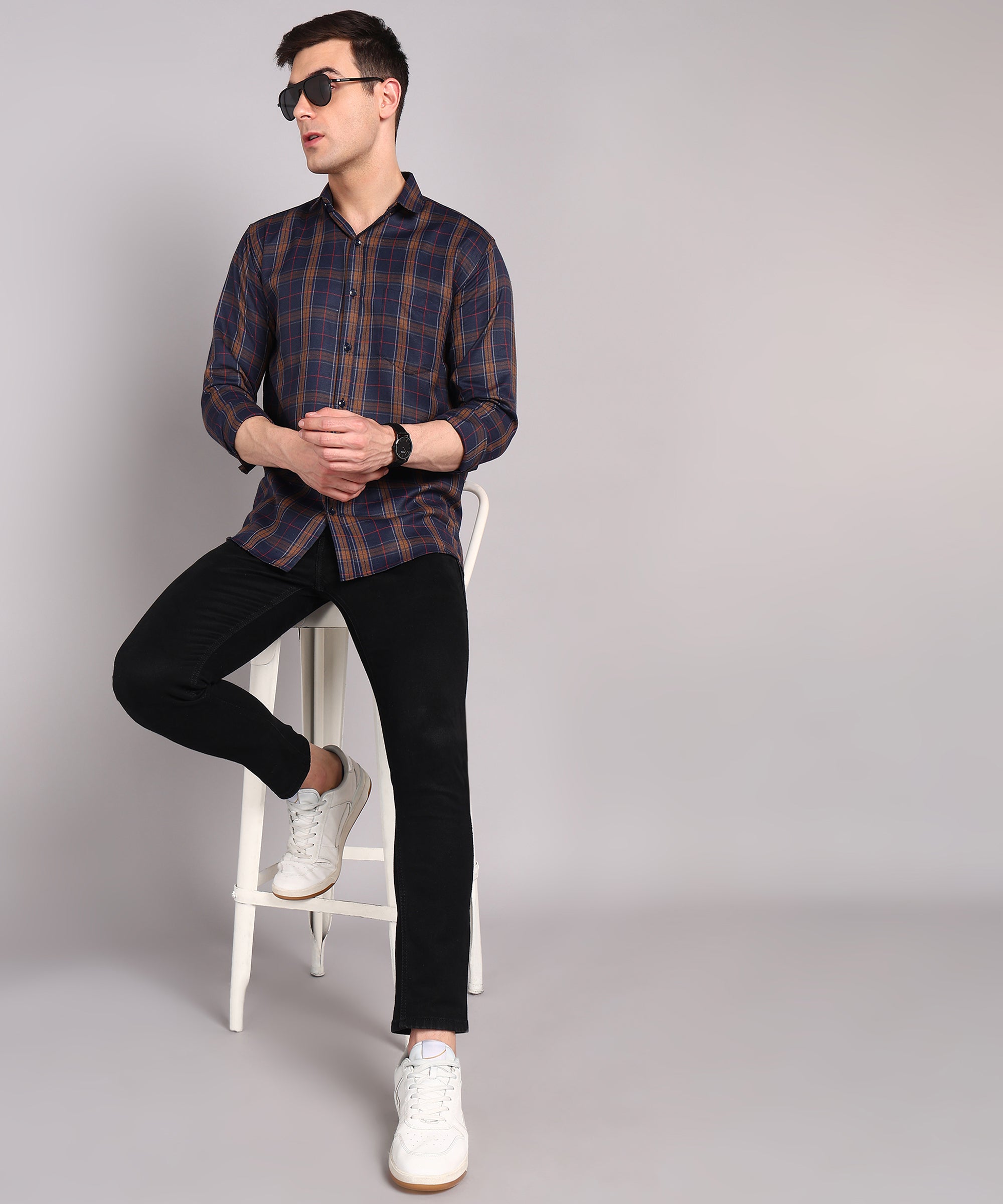 Sanganeri Navy & Brown Checked Cotton Shirt