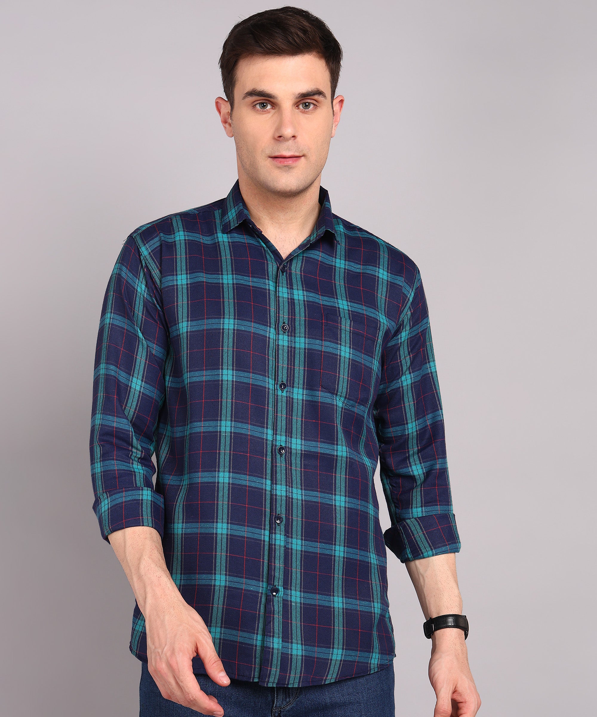 Sanganeri Navy & Teal Checked Cotton Shirt