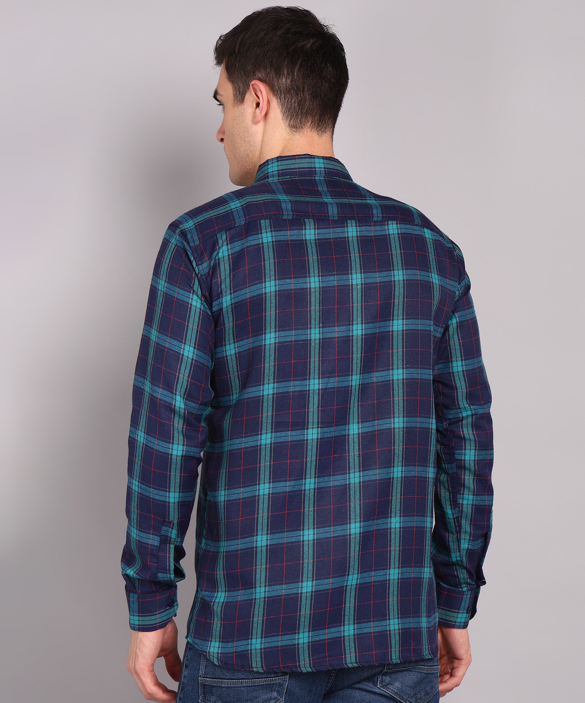 Sanganeri Navy & Teal Checked Cotton Shirt