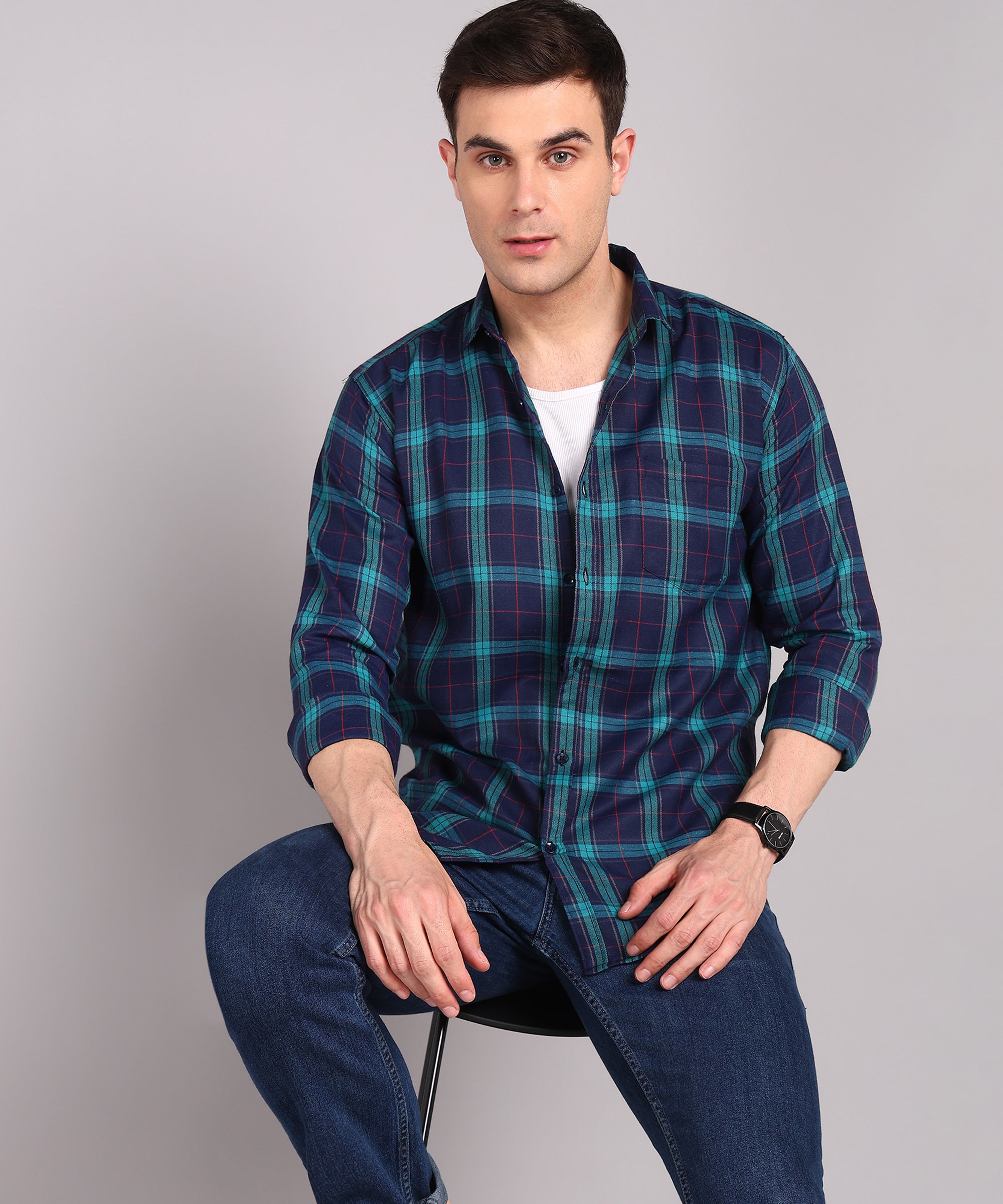 Sanganeri Navy & Teal Checked Cotton Shirt