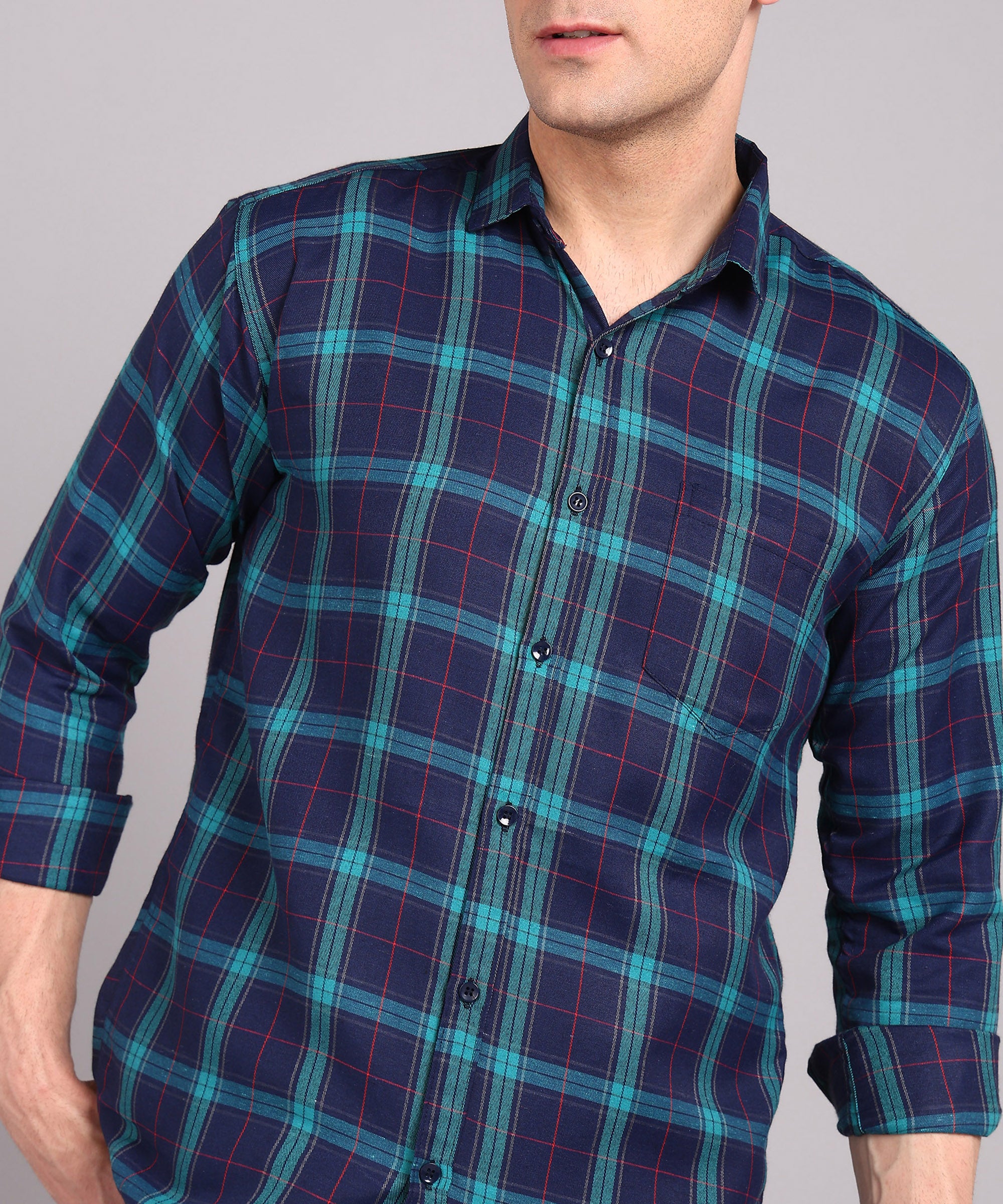 Sanganeri Navy & Teal Checked Cotton Shirt