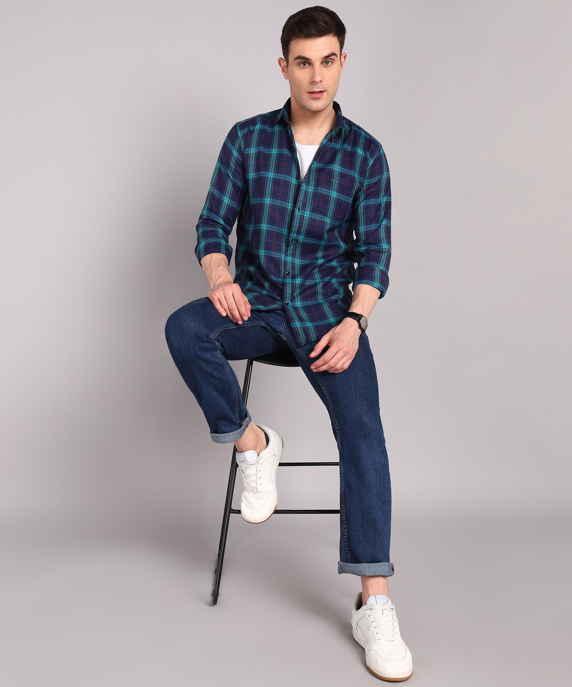 Sanganeri Navy & Teal Checked Cotton Shirt