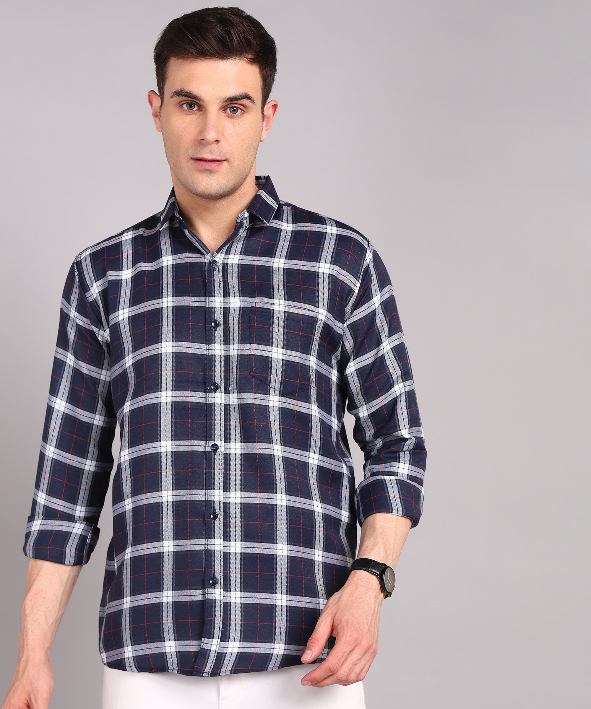 Sanganeri Navy & White Checked Cotton Shirt