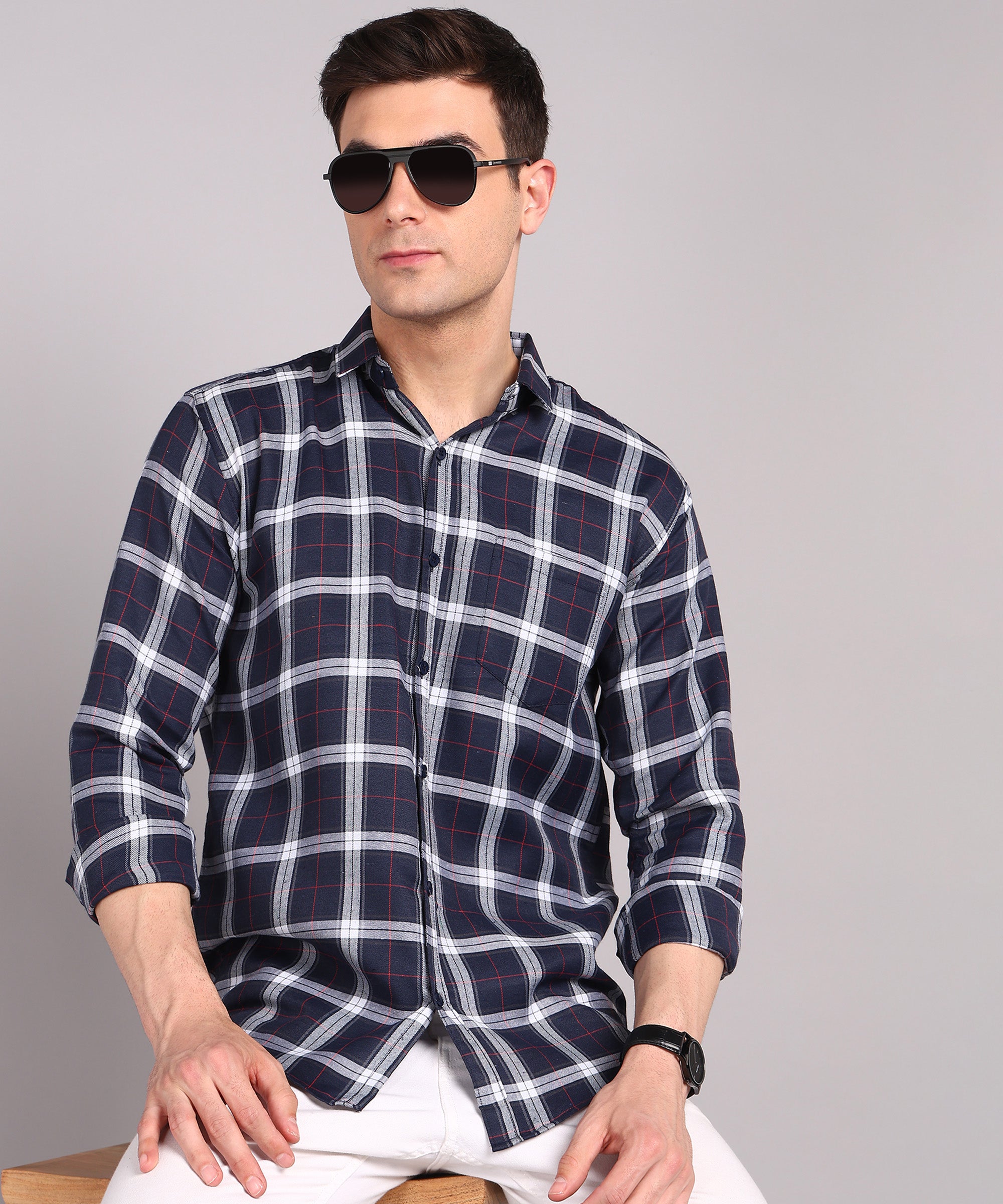 Sanganeri Navy & White Checked Cotton Shirt