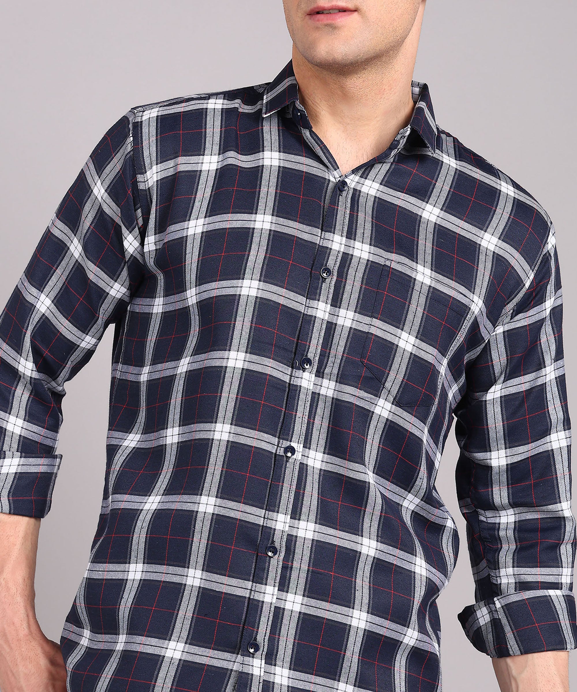 Sanganeri Navy & White Checked Cotton Shirt