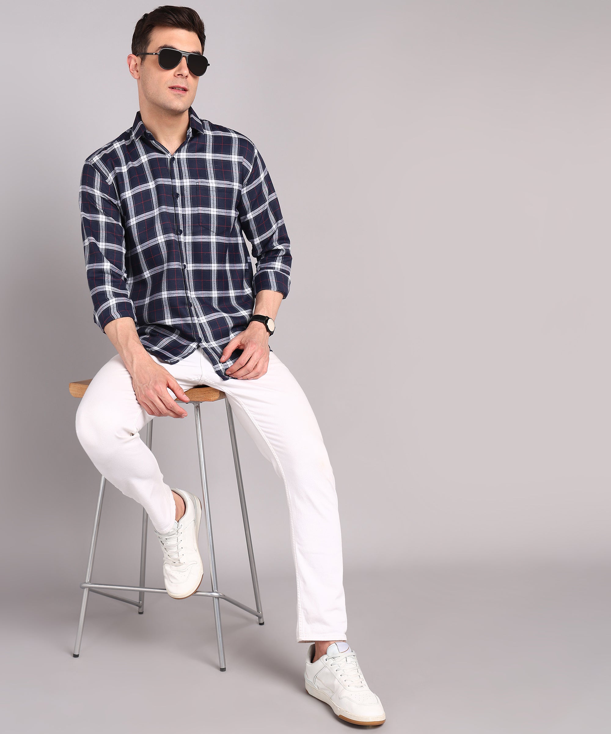 Sanganeri Navy & White Checked Cotton Shirt