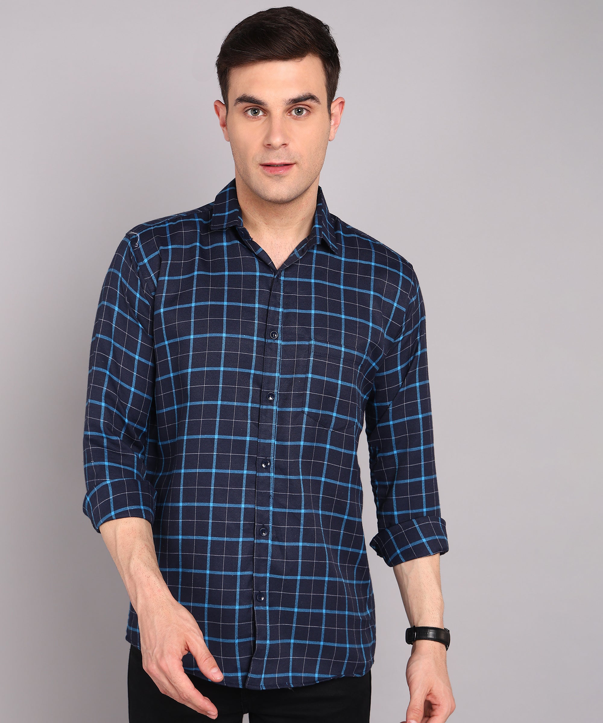 Sanganeri Navy & Cyan Grid Checked Cotton Shirt