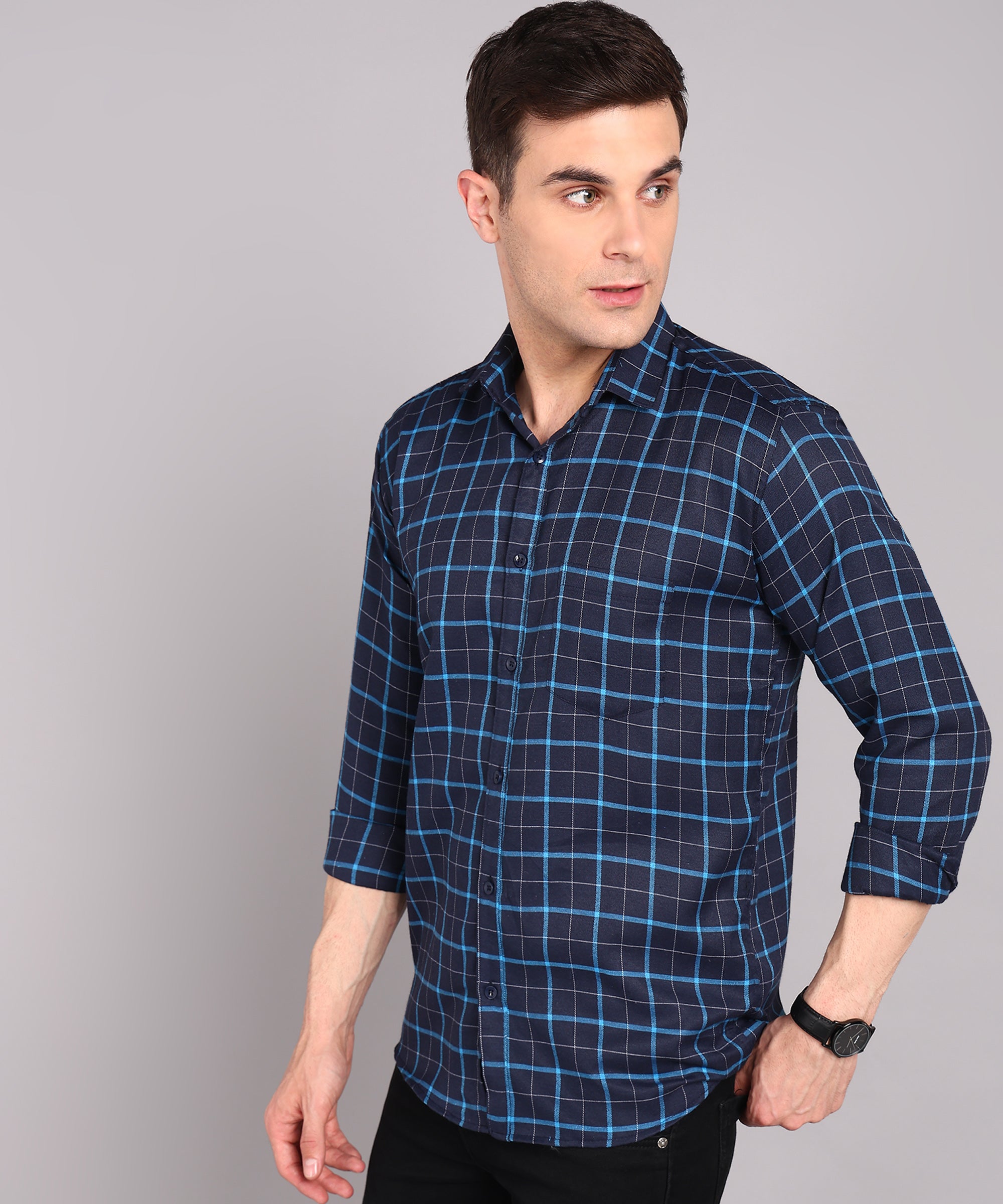Sanganeri Navy & Cyan Grid Checked Cotton Shirt