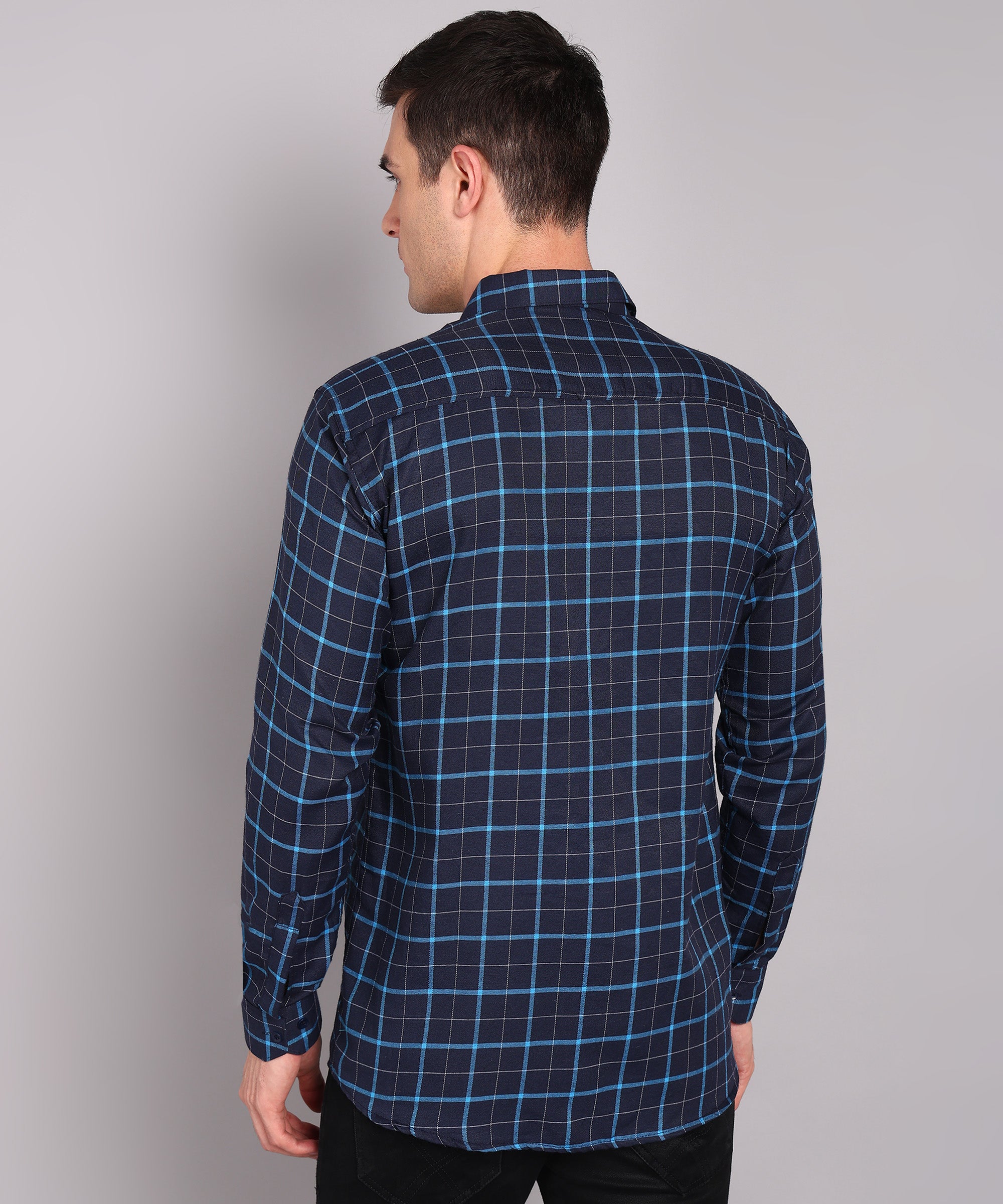 Sanganeri Navy & Cyan Grid Checked Cotton Shirt