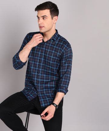 Sanganeri Navy & Cyan Grid Checked Cotton Shirt