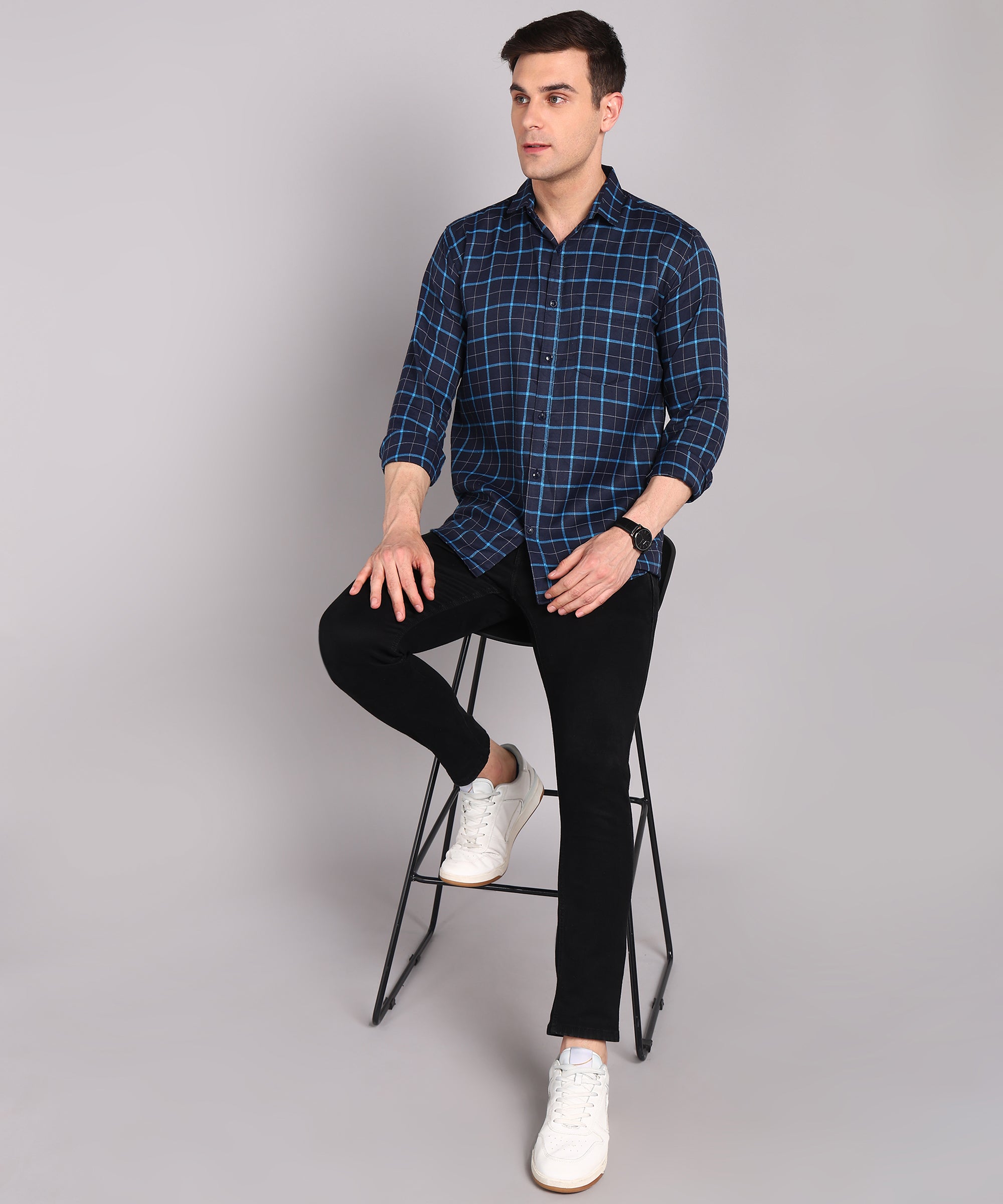 Sanganeri Navy & Cyan Grid Checked Cotton Shirt