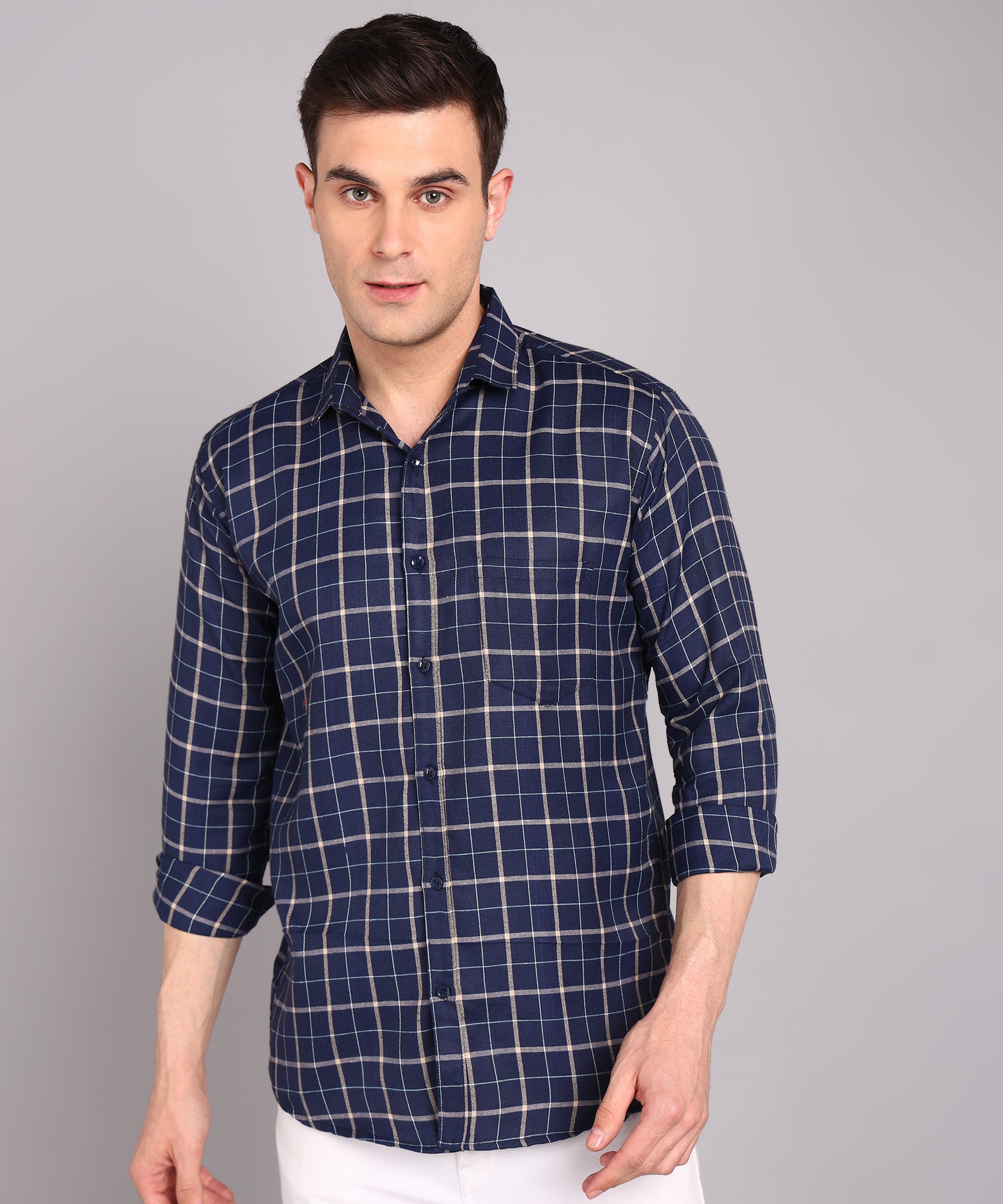 Sanganeri Navy & White Checked Cotton Shirt