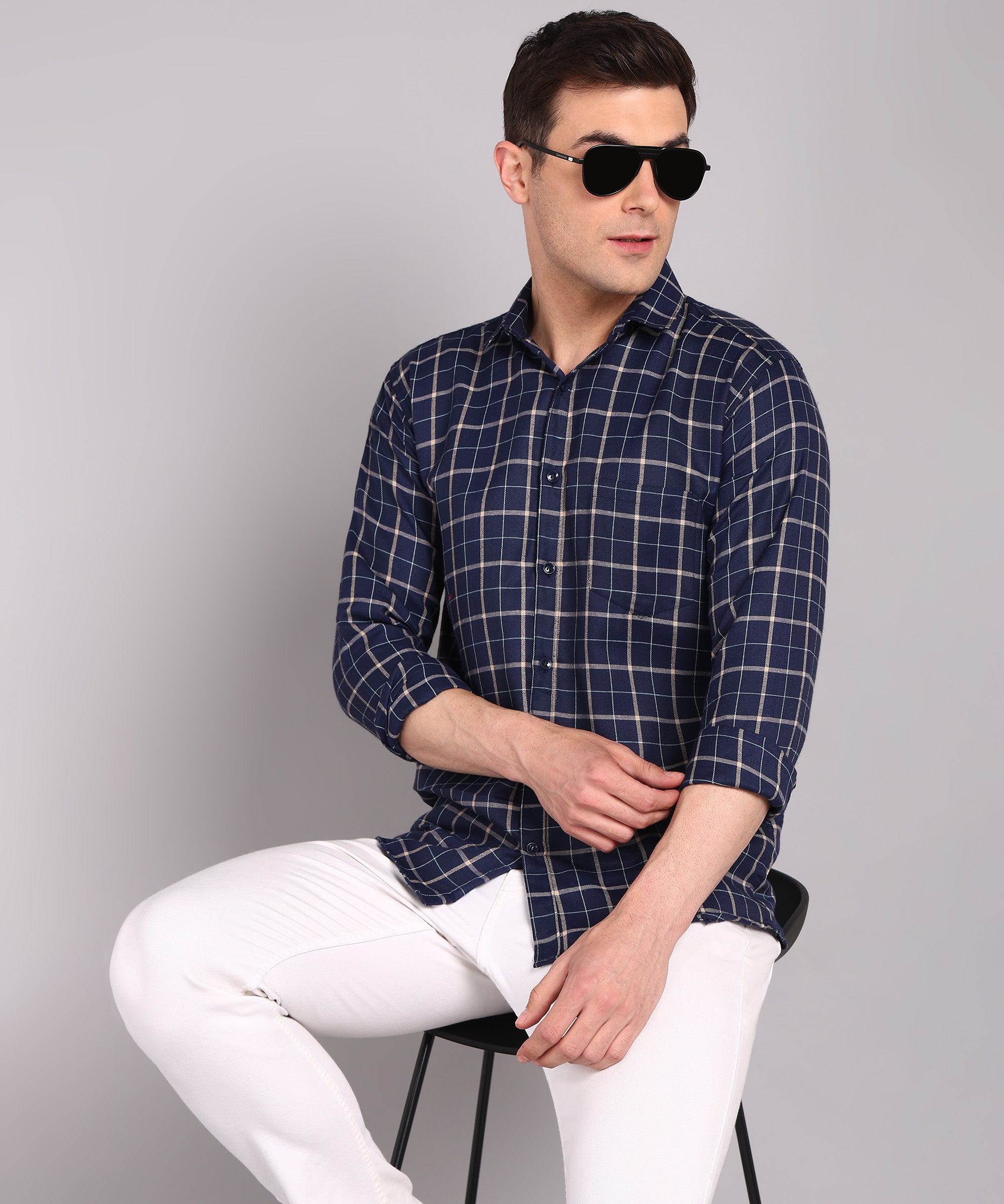 Sanganeri Navy & White Checked Cotton Shirt