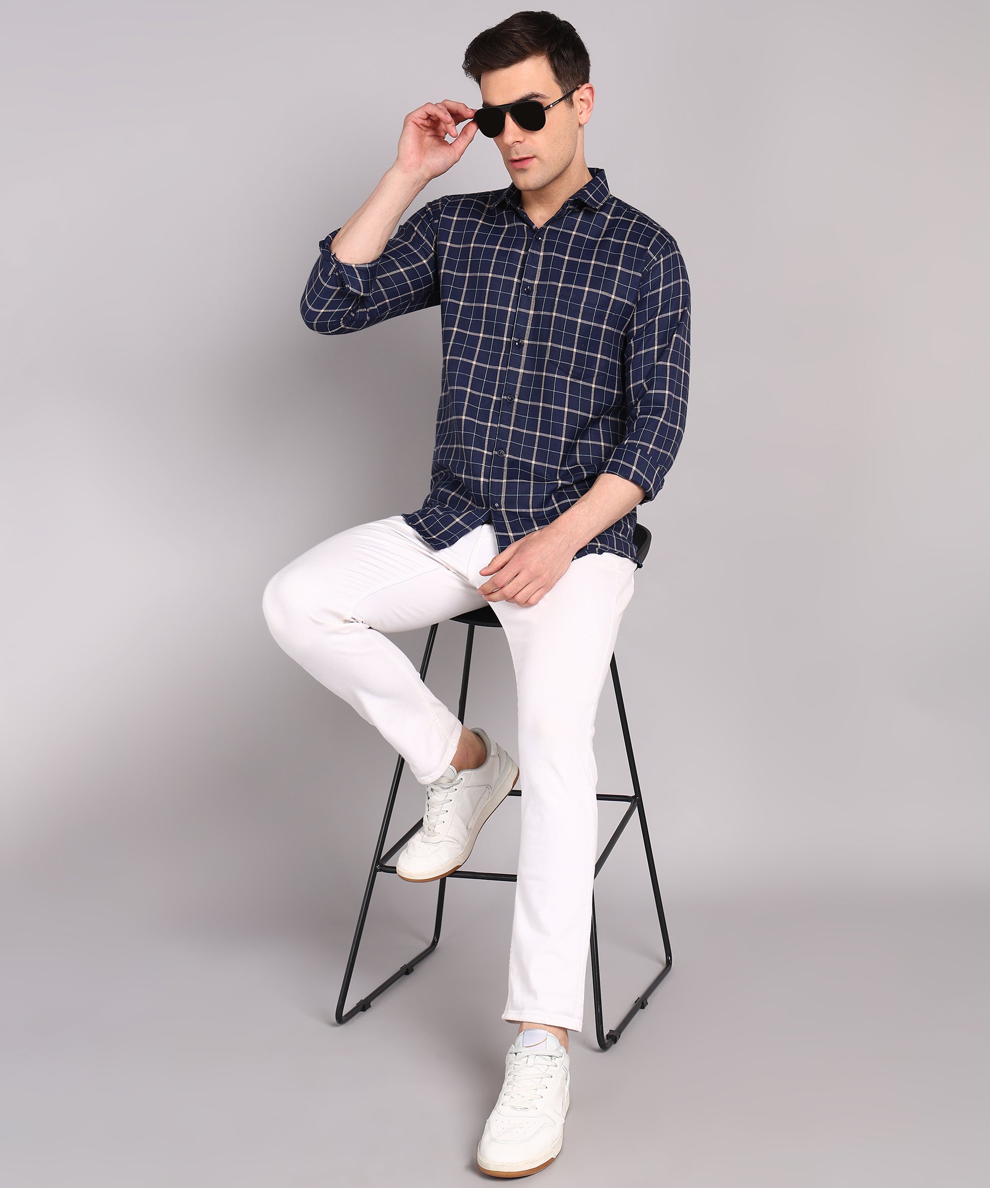 Sanganeri Navy & White Checked Cotton Shirt