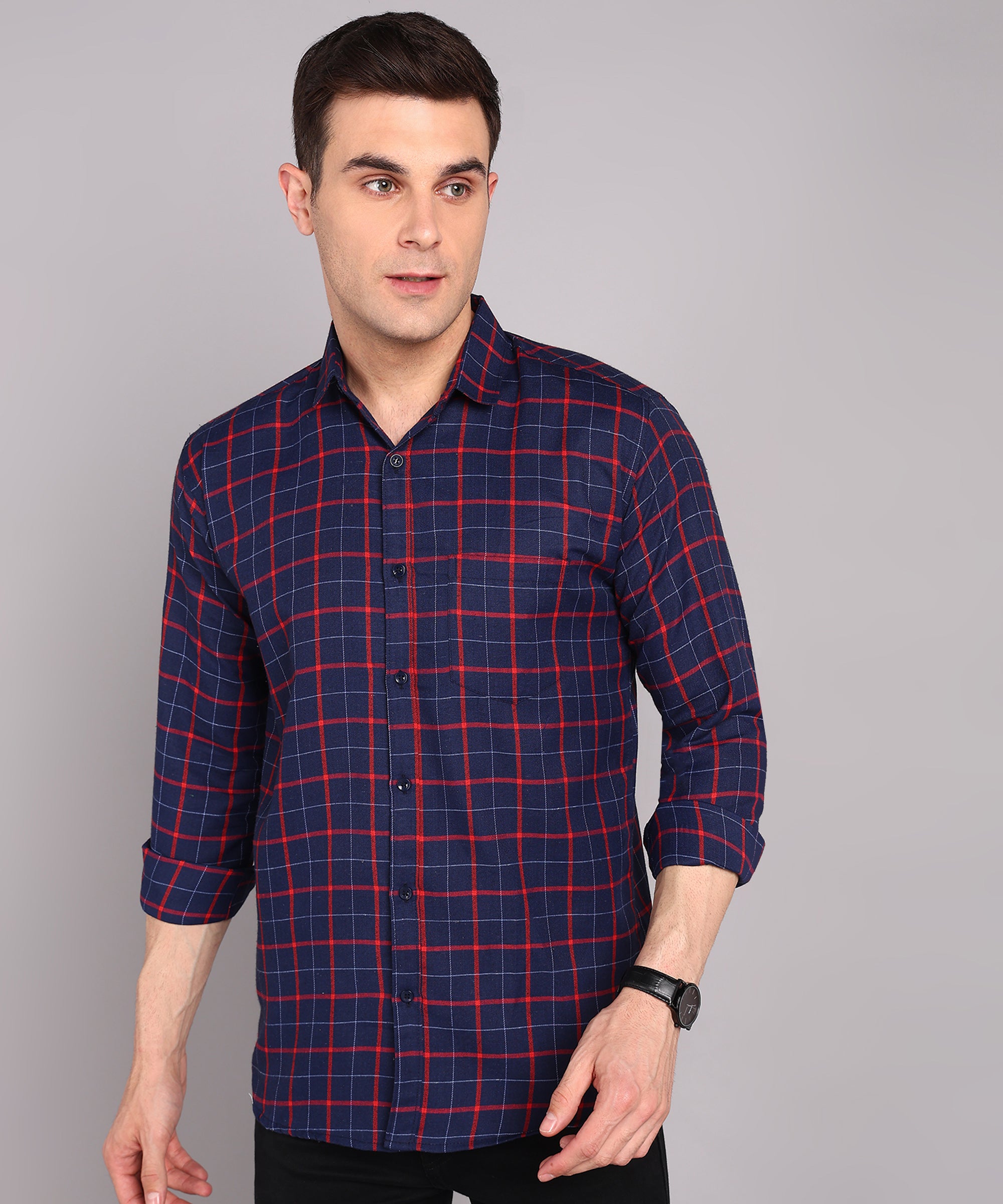 Sanganeri Navy & Red Grid Checked Cotton Shirt