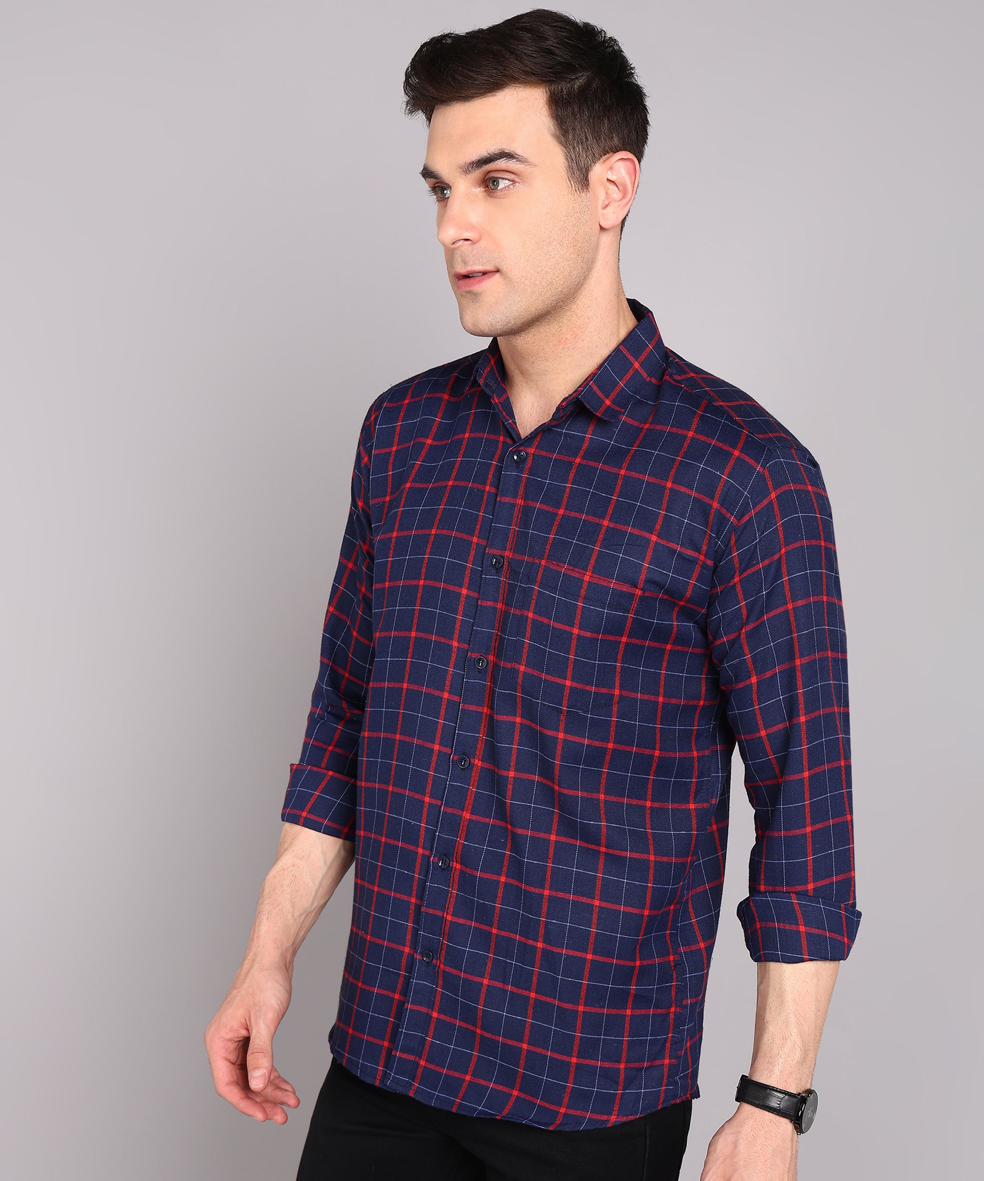 Sanganeri Navy & Red Grid Checked Cotton Shirt