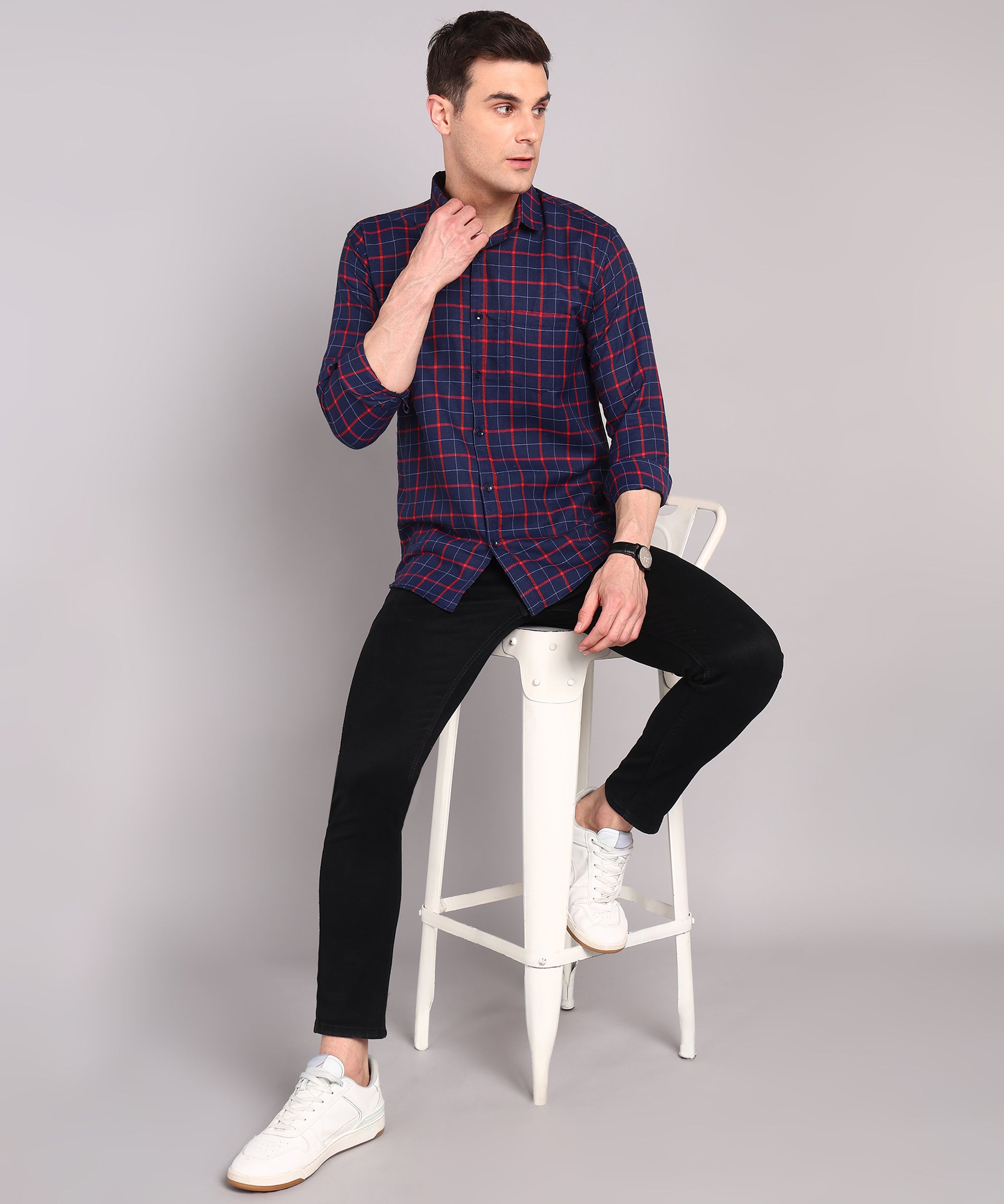 Sanganeri Navy & Red Grid Checked Cotton Shirt