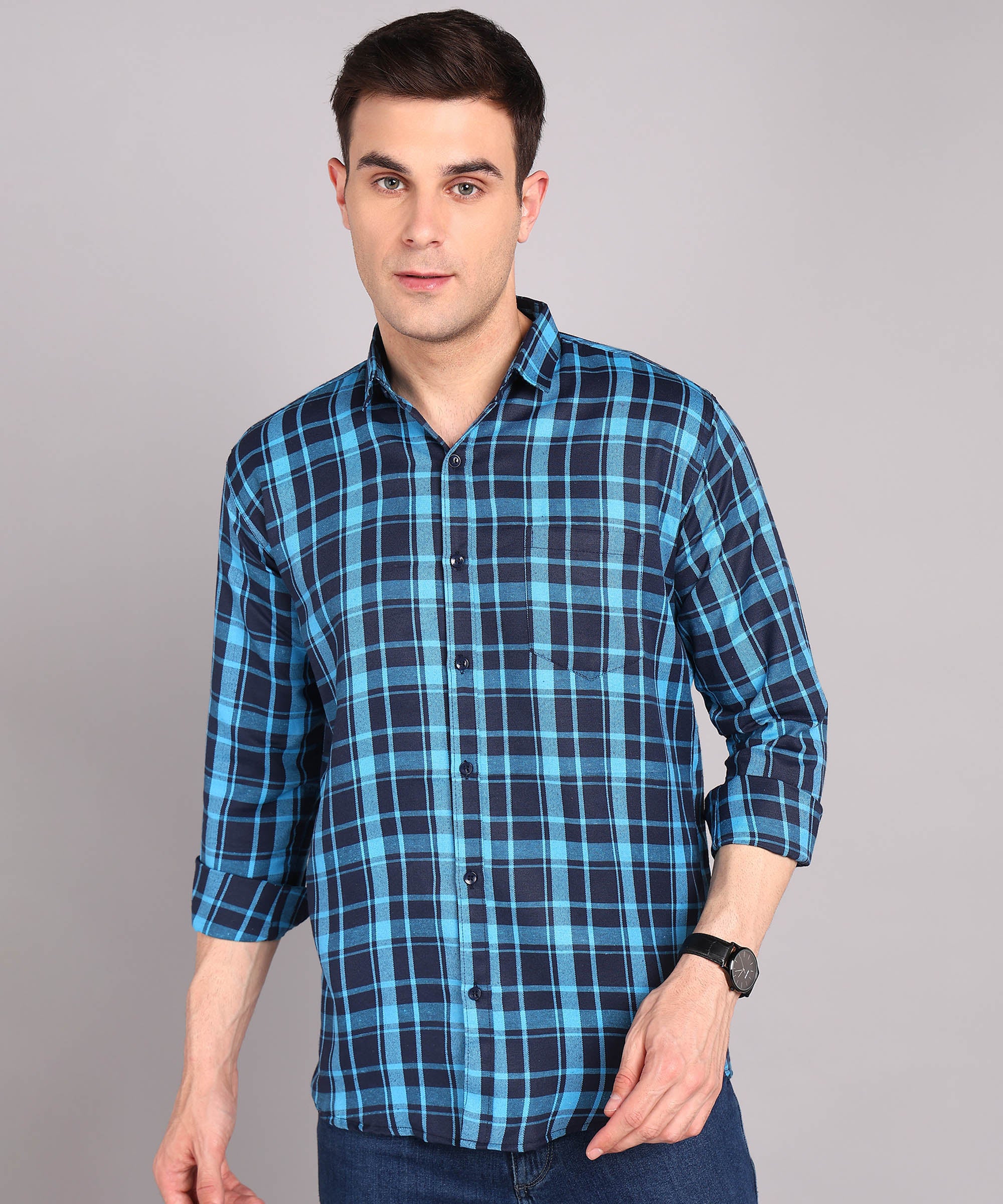 Sanganeri Navy & Cyan Checked Cotton Shirt