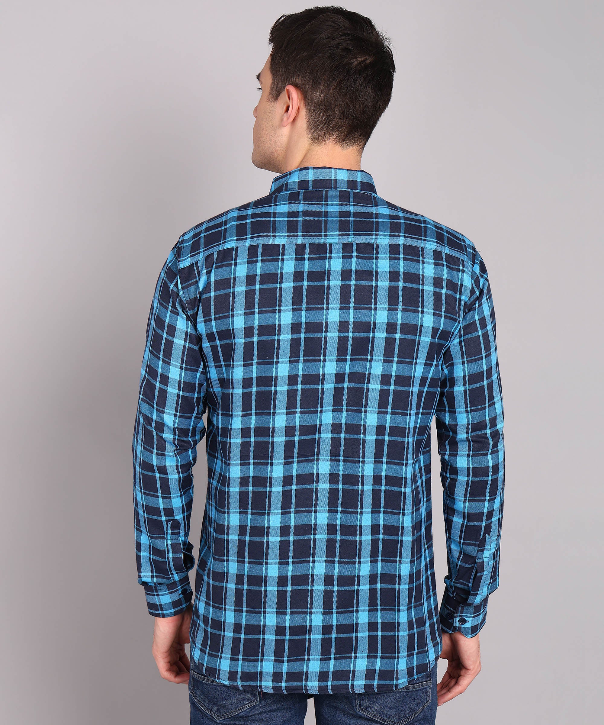 Sanganeri Navy & Cyan Checked Cotton Shirt